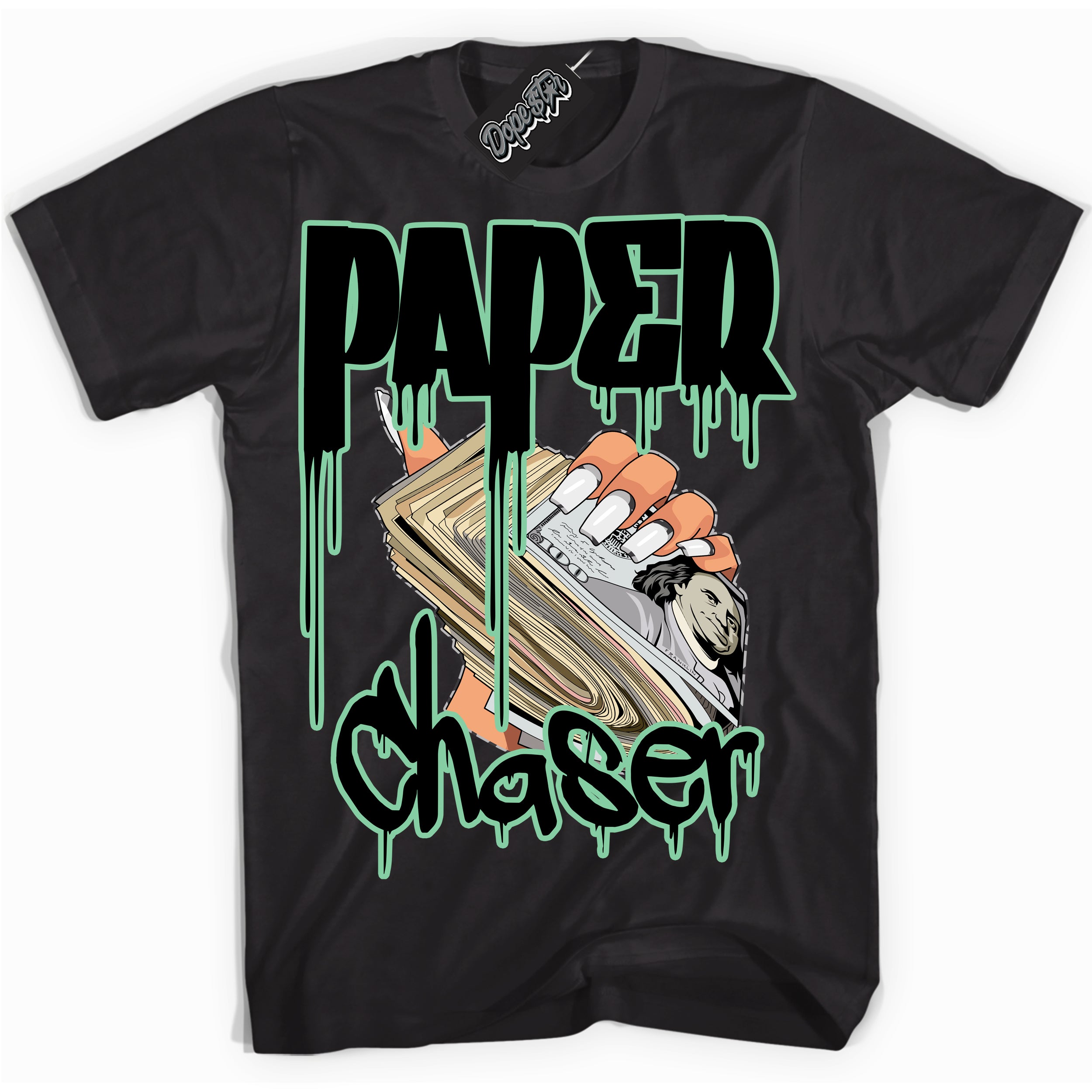 Cool Black graphic tee with “ Paper Chaser ” design, that perfectly matches Green Glow 3s sneakers 