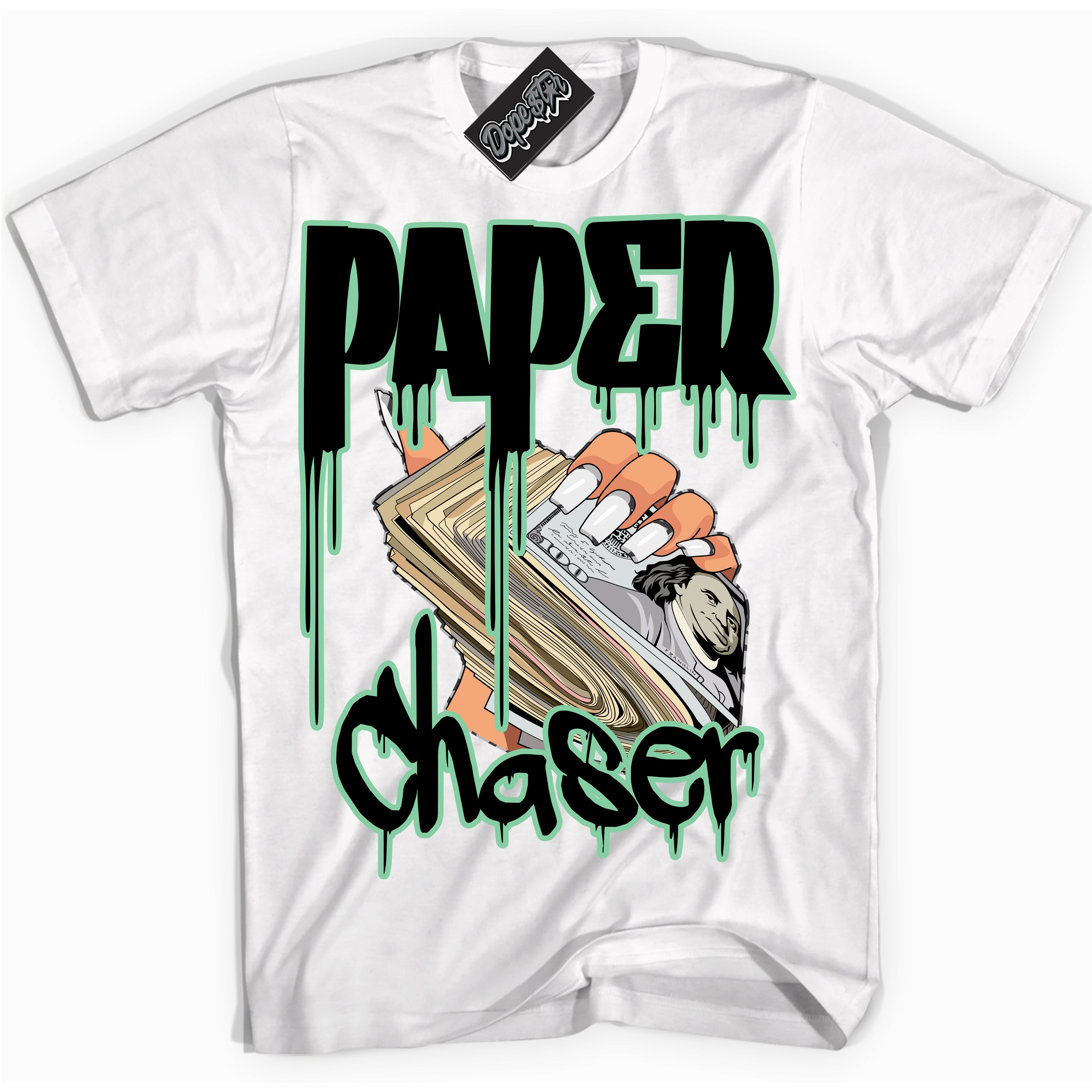 Cool White graphic tee with “ Paper Chaser ” design, that perfectly matches Green Glow 3s sneakers 