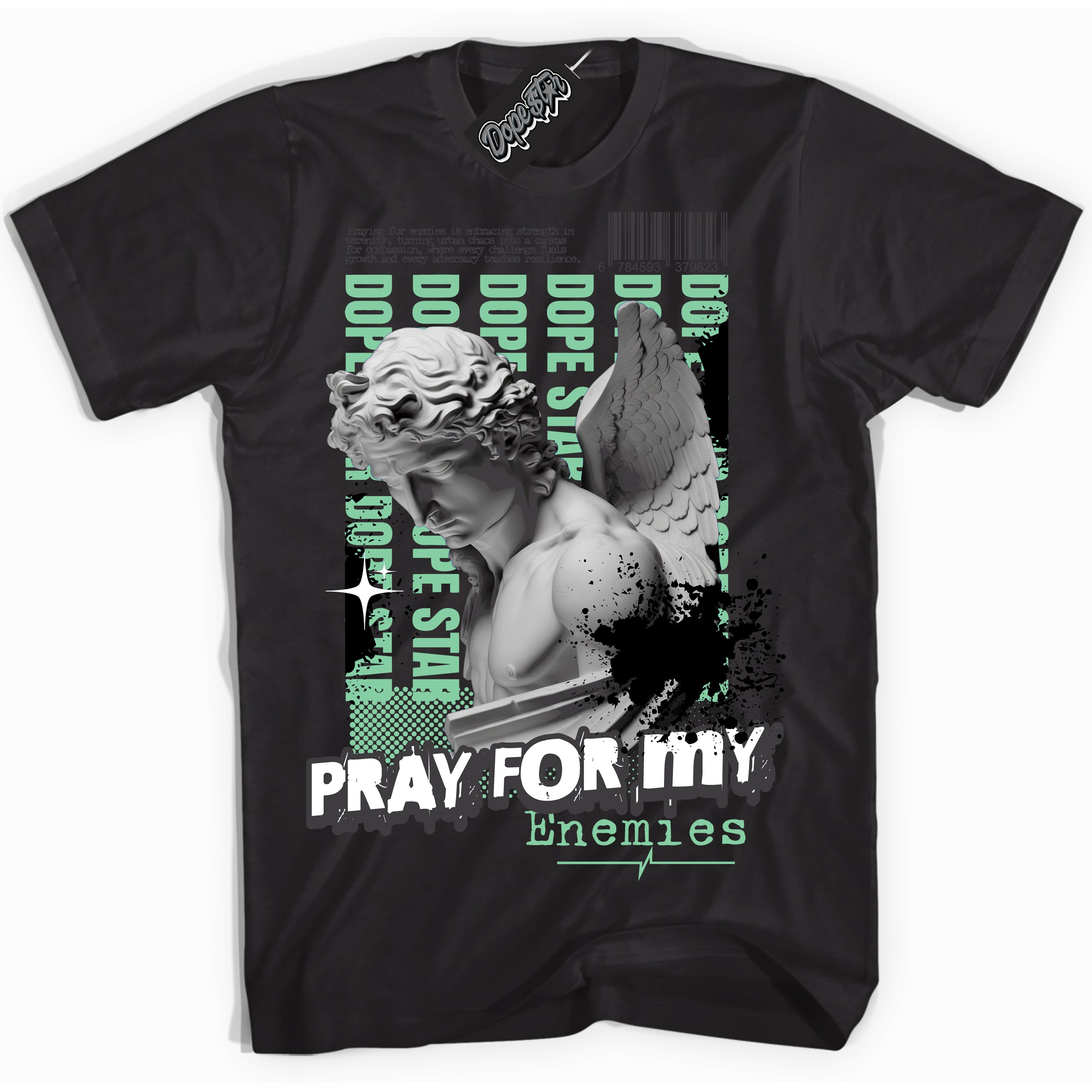 Cool Black Shirt with “ Pray Enemies” design that perfectly matches Green Glow 3s Sneakers.