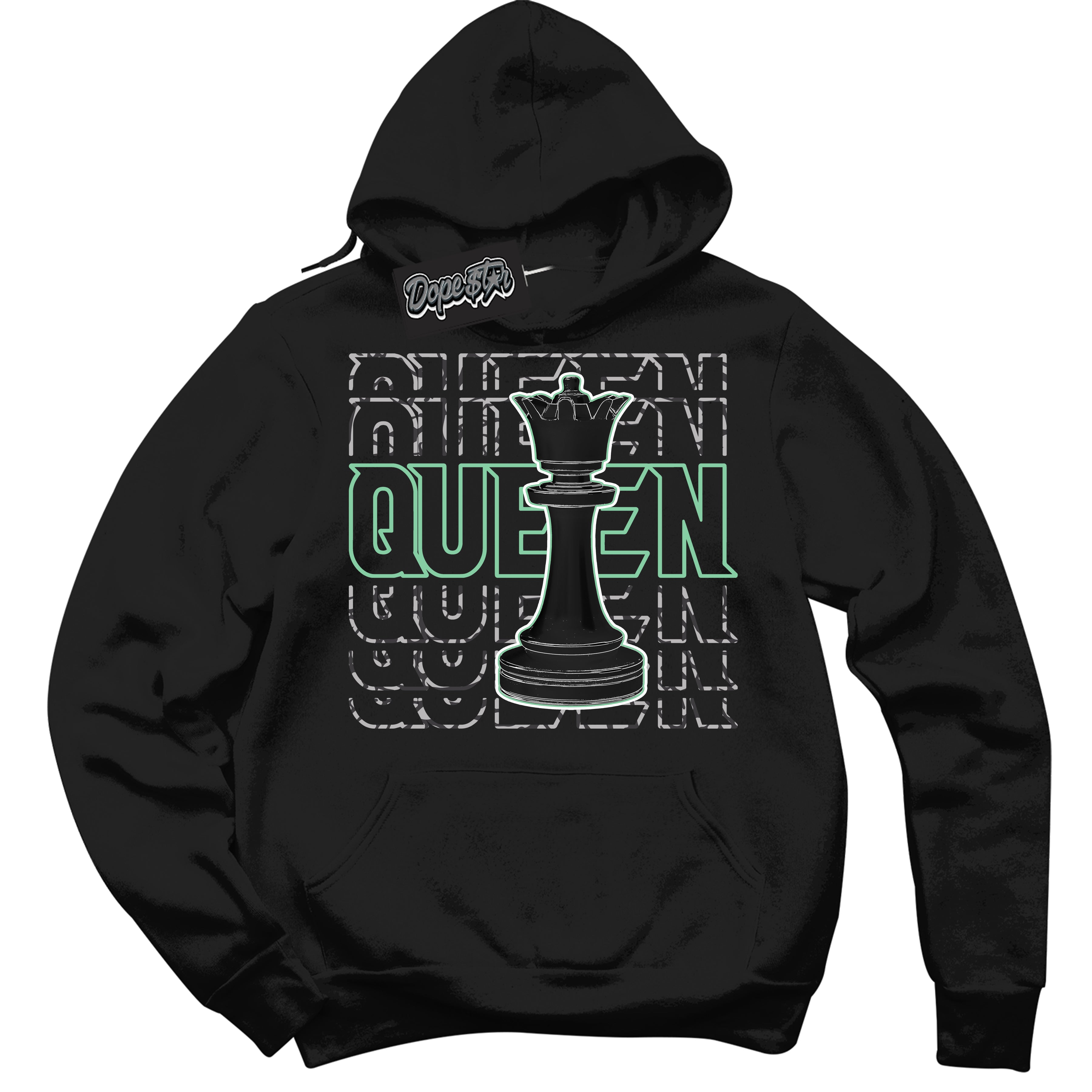Cool Black Graphic DopeStar Hoodie with “ Queen Chess “ print, that perfectly matches Green Glow 3S sneakers