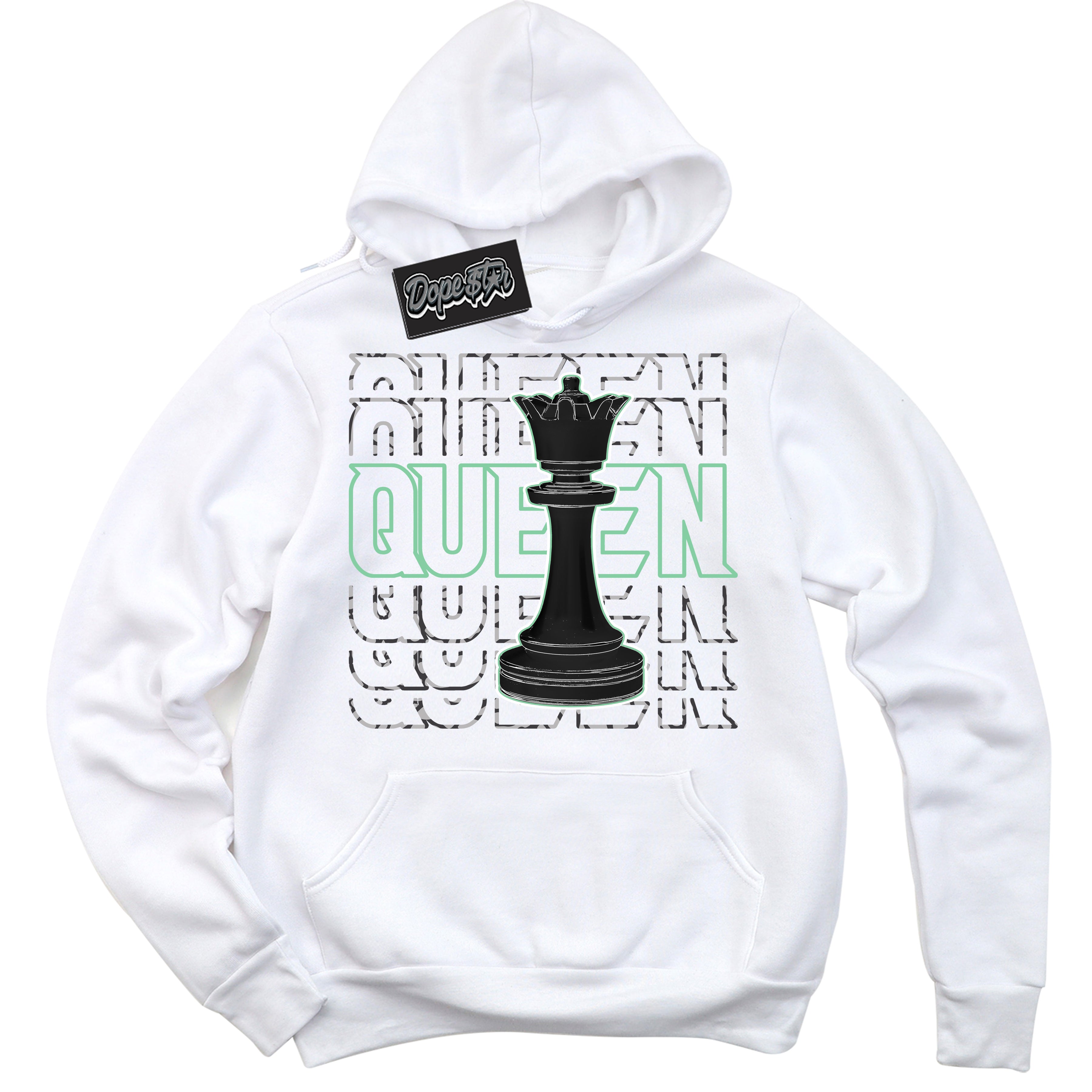 Cool White Graphic DopeStar Hoodie with “ Queen Chess “ print, that perfectly matches Green Glow 3s sneakers