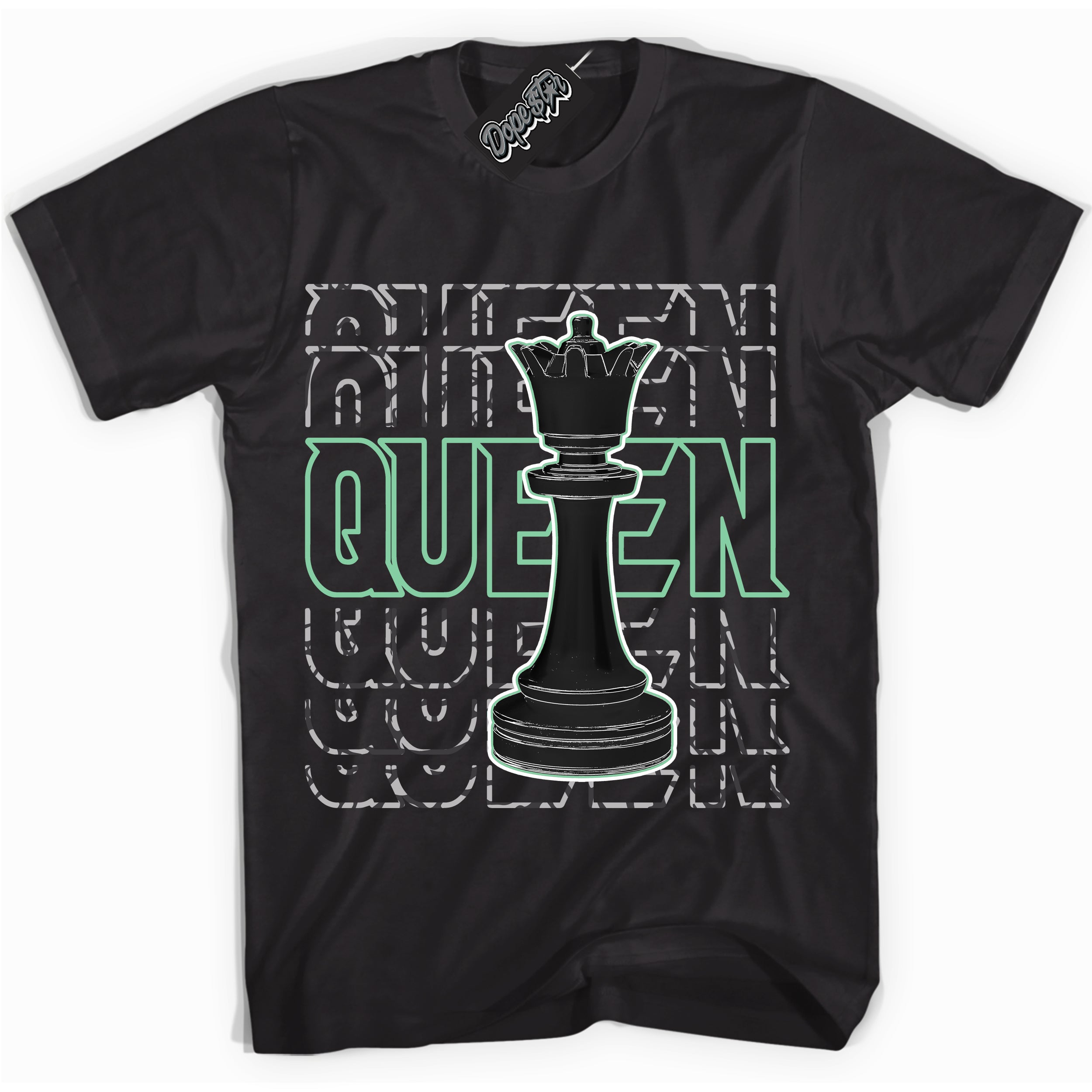 Cool Black graphic tee with “ Queen Chess ” design, that perfectly matches Green Glow 3s sneakers 