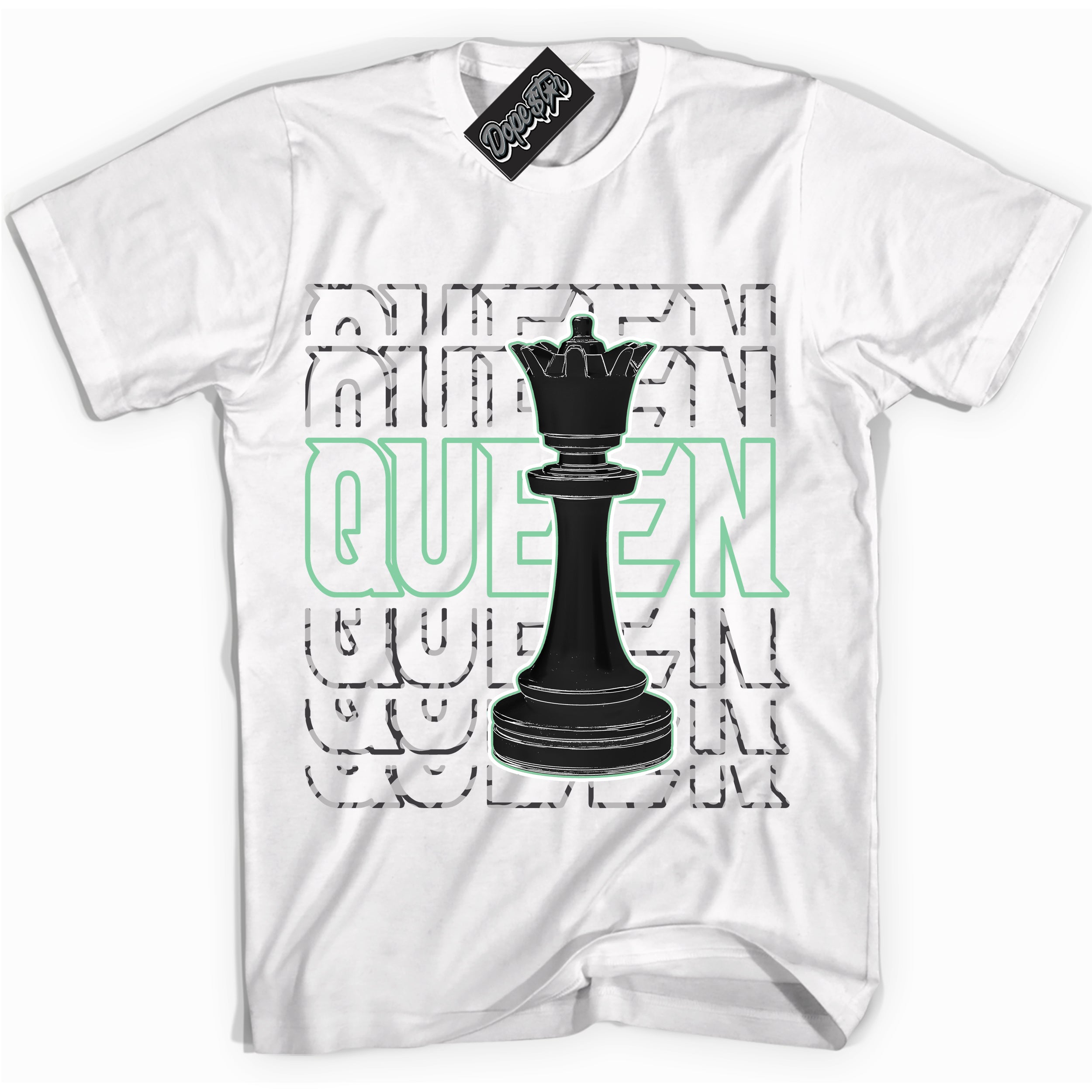 Cool White graphic tee with “ Queen Chess ” design, that perfectly matches Green Glow 3s sneakers 