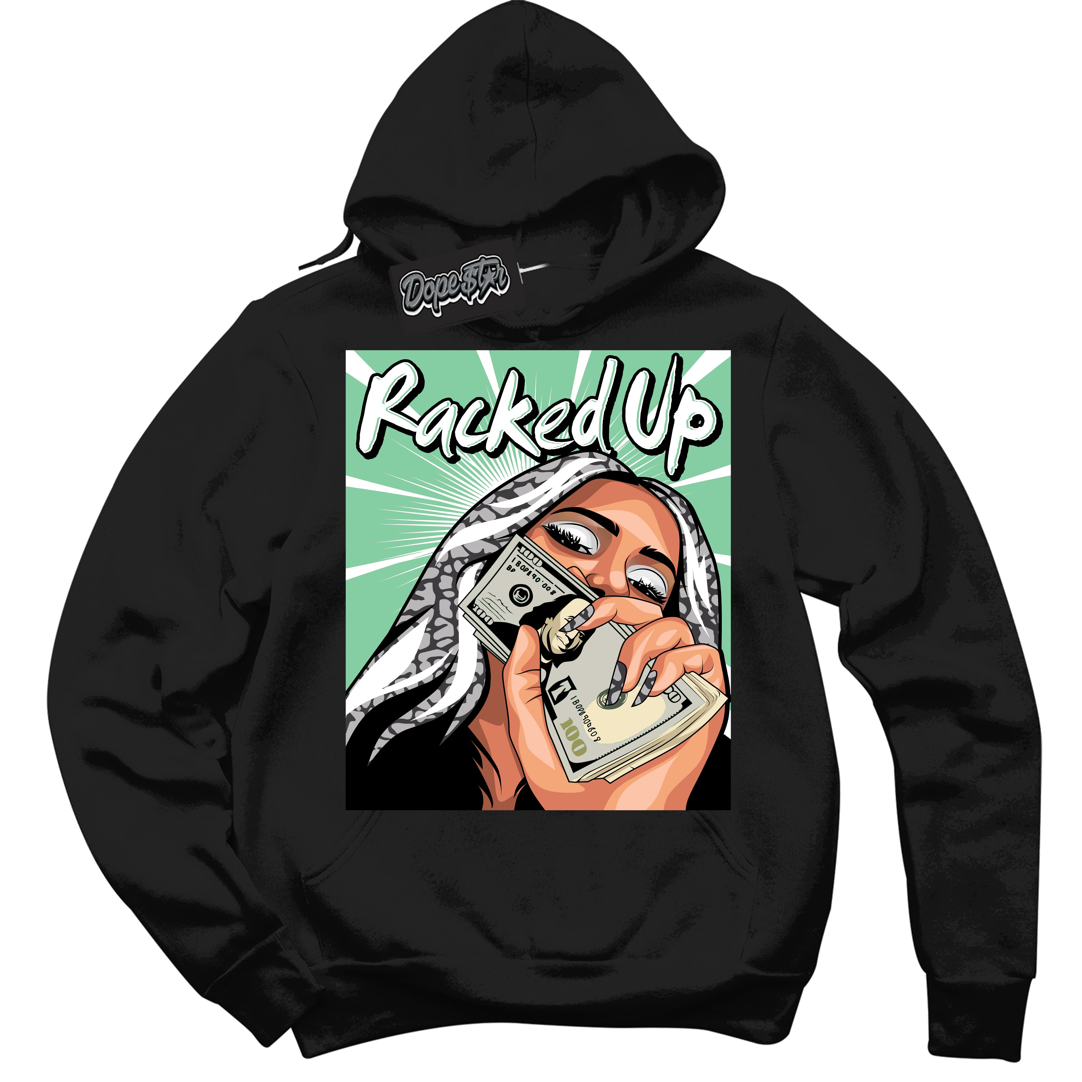 Cool Black Graphic DopeStar Hoodie with “ Racked Up “ print, that perfectly matches Green Glow 3S sneakers