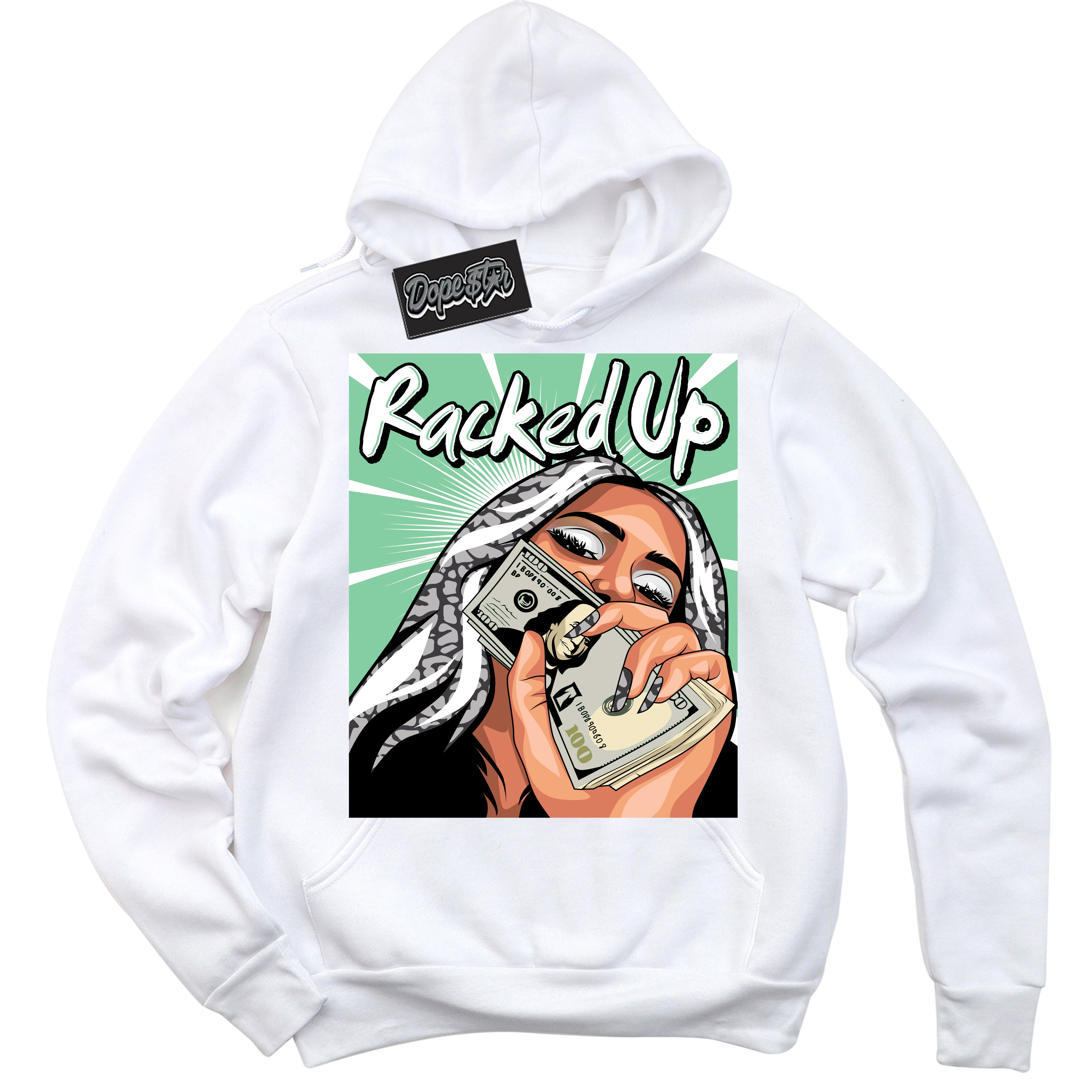 Cool White Graphic DopeStar Hoodie with “ Racked Up “ print, that perfectly matches Green Glow 3s sneakers