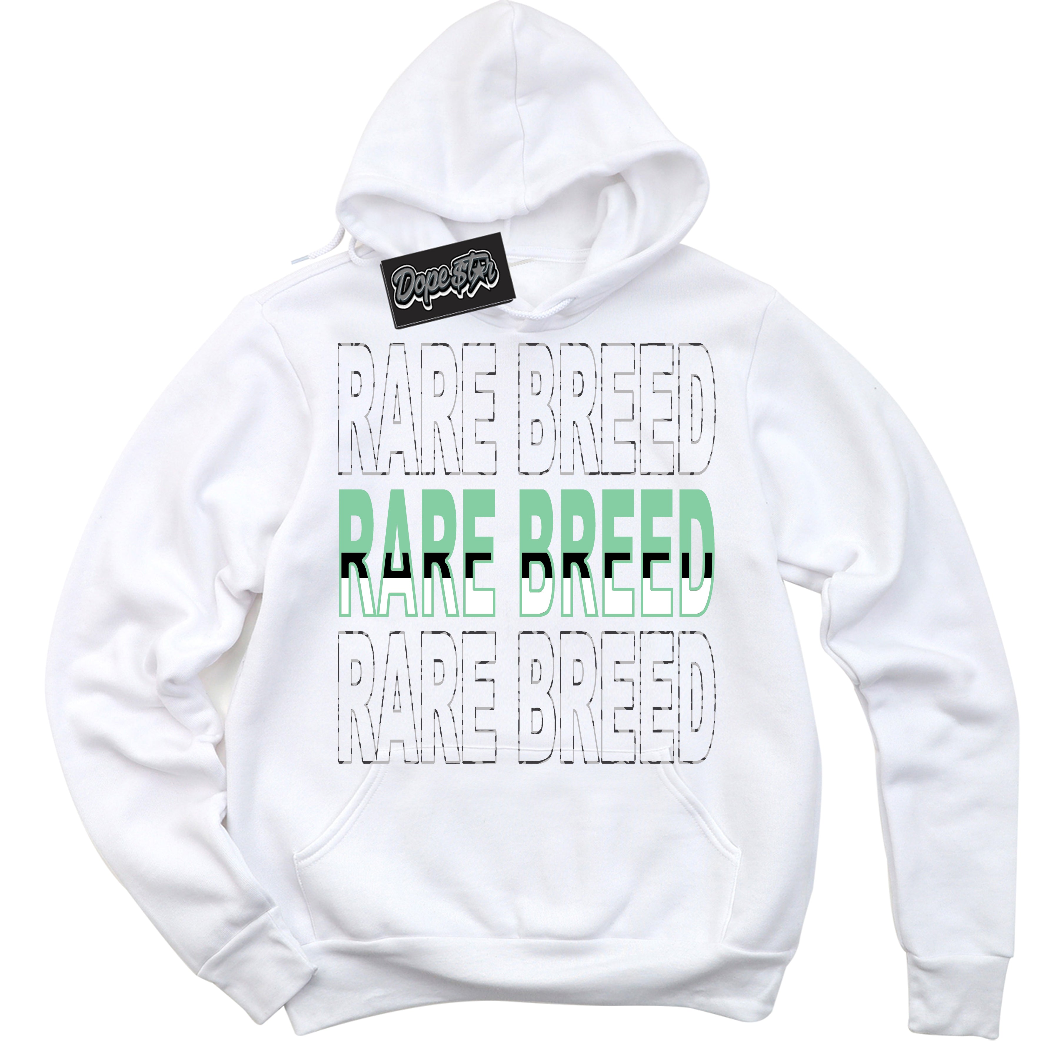 Cool White Graphic DopeStar Hoodie with “ Rare Breed “ print, that perfectly matches Green Glow 3s sneakers
