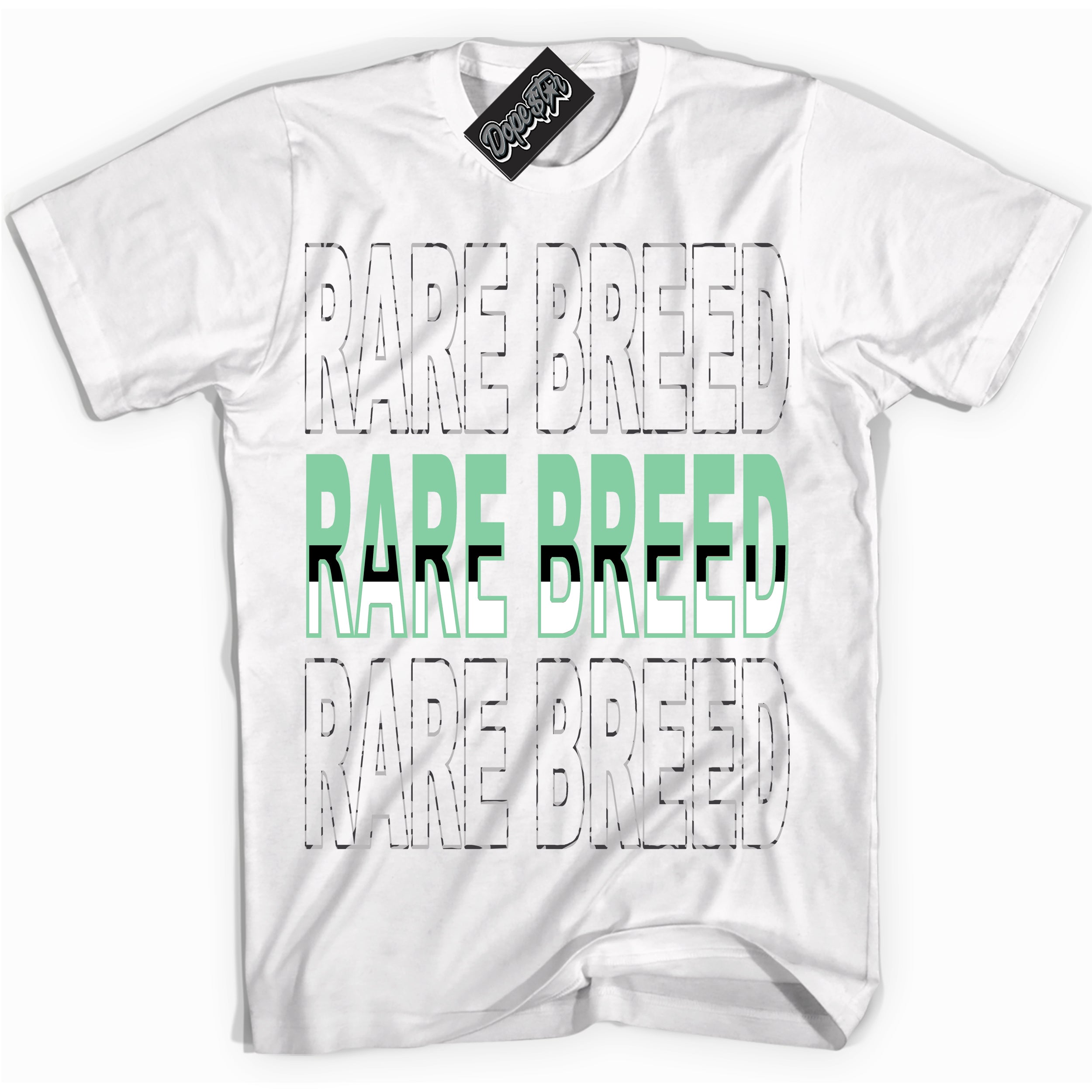 Cool White graphic tee with “ Rare Breed ” design, that perfectly matches Green Glow 3s sneakers 
