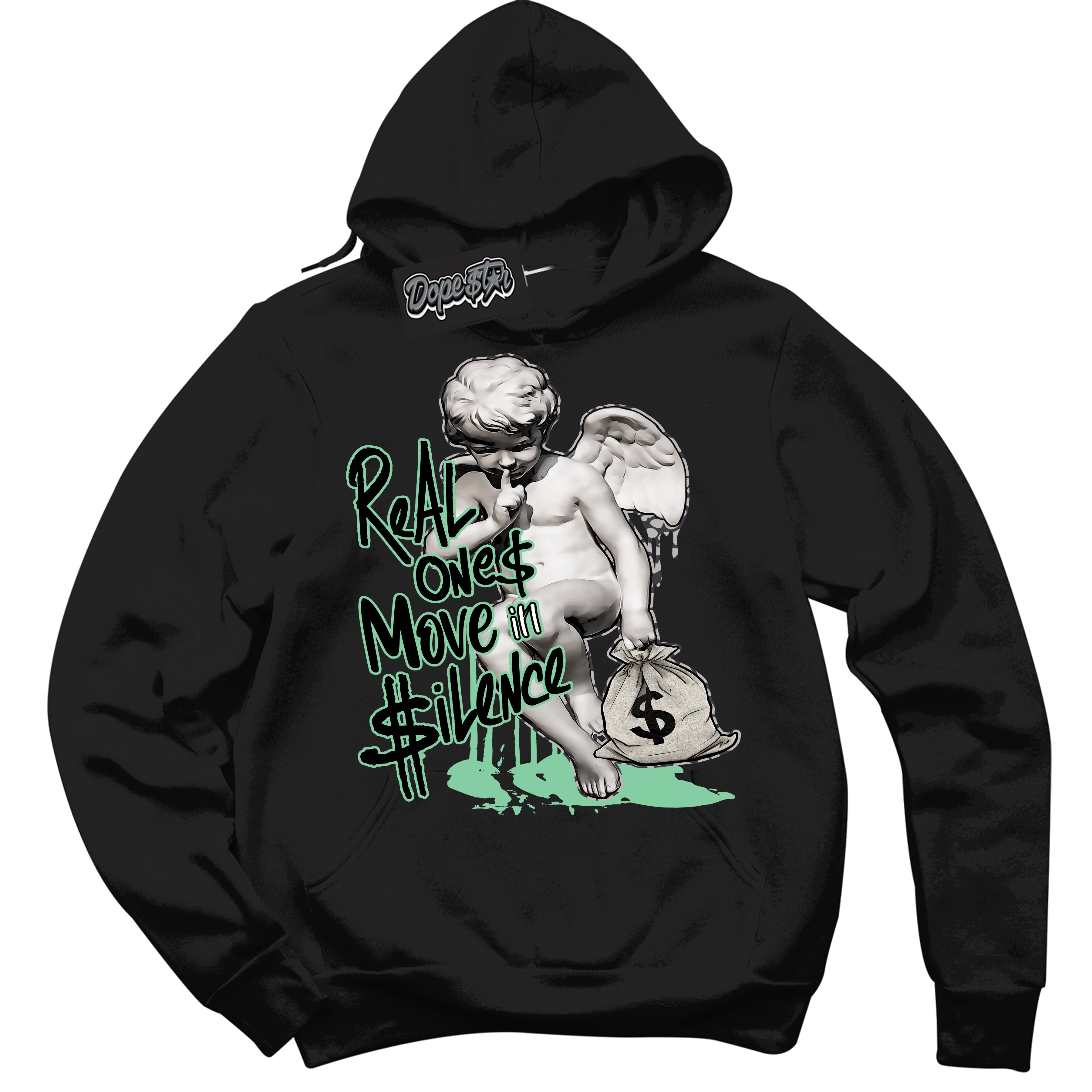 Cool Black Graphic DopeStar Hoodie with “ Real Ones Cherub “ print, that perfectly matches Green Glow 3S sneakers
