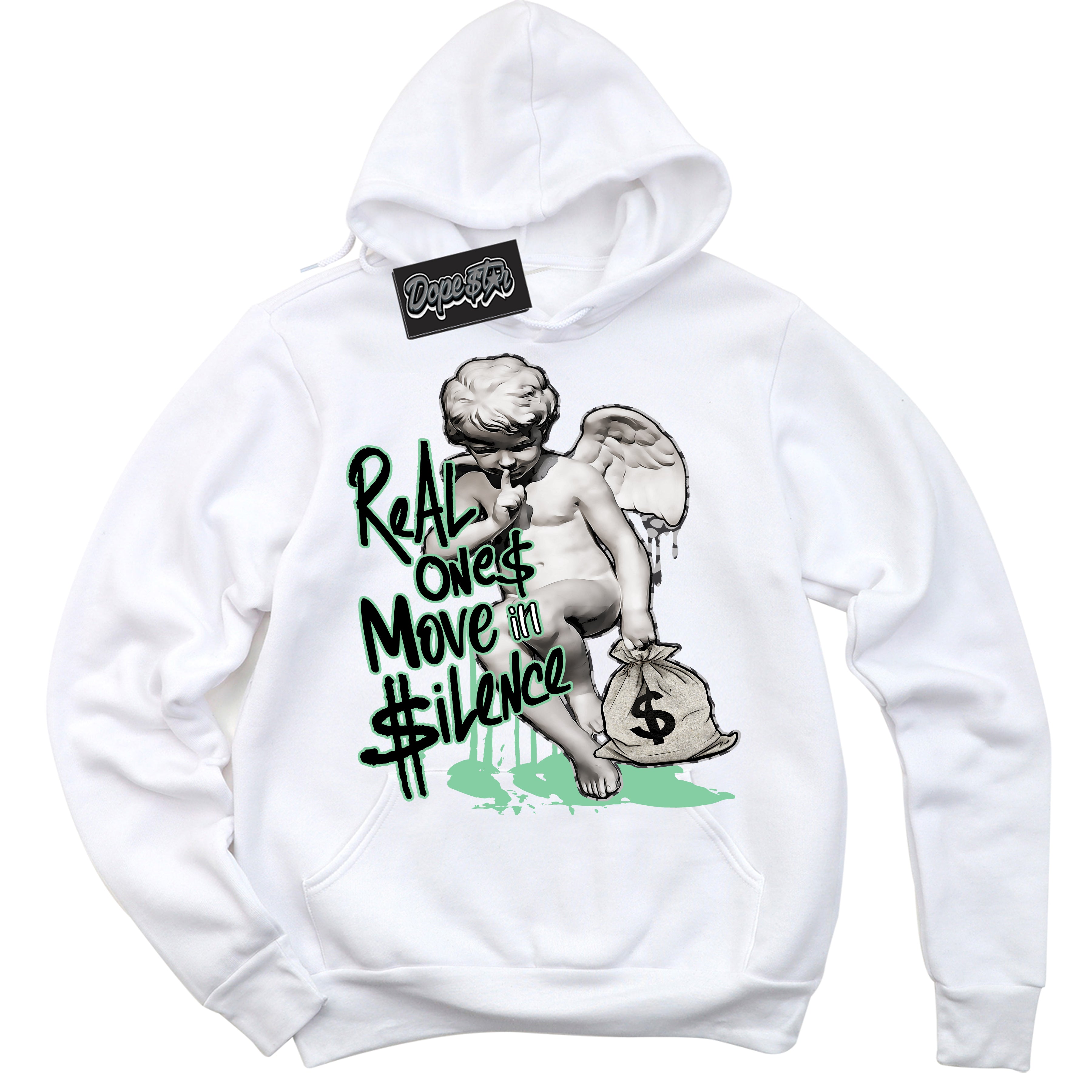 Cool White Graphic DopeStar Hoodie with “ Real Ones Cherub “ print, that perfectly matches Green Glow 3s sneakers