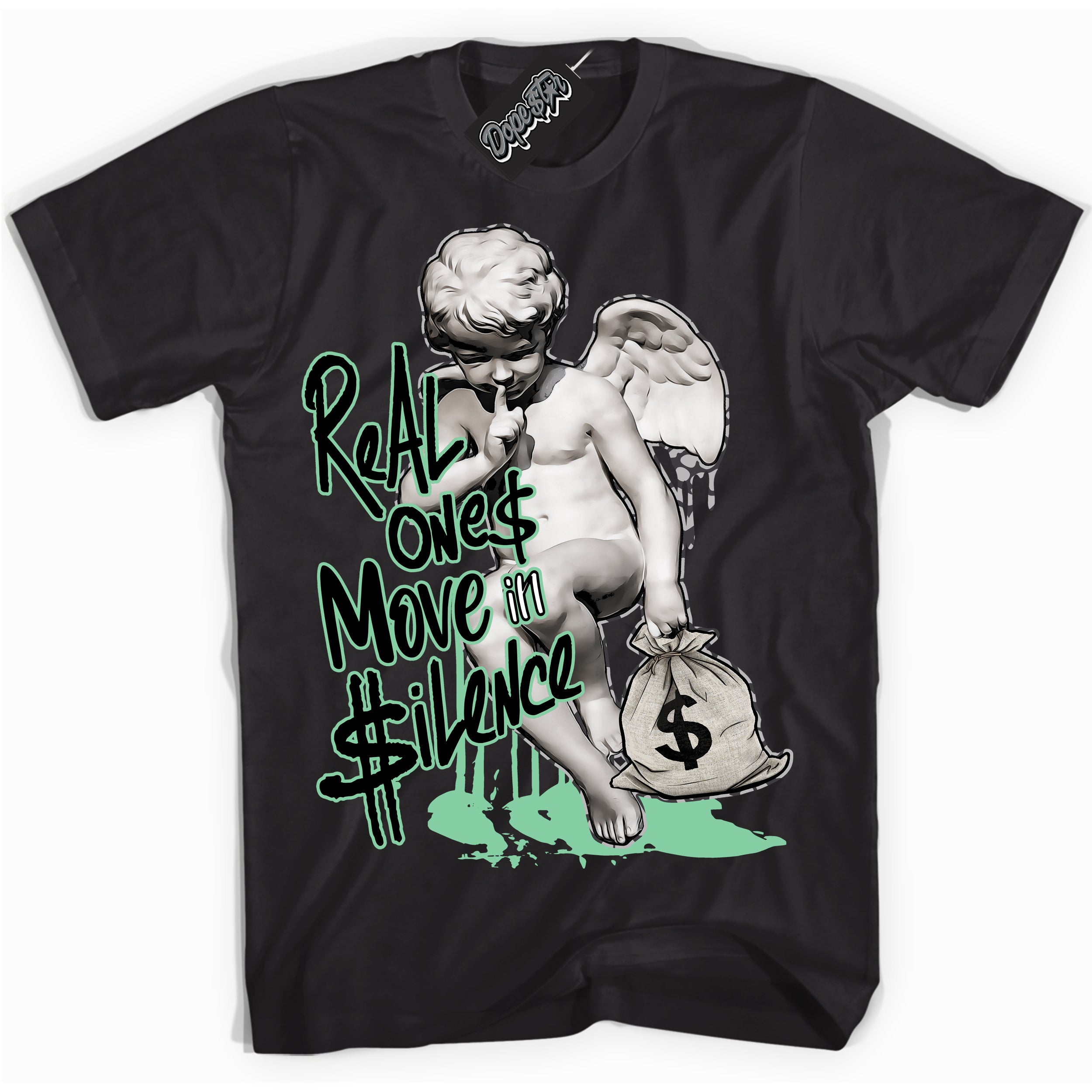 Cool Black graphic tee with “ Real Ones Cherub ” design, that perfectly matches Green Glow 3s sneakers 