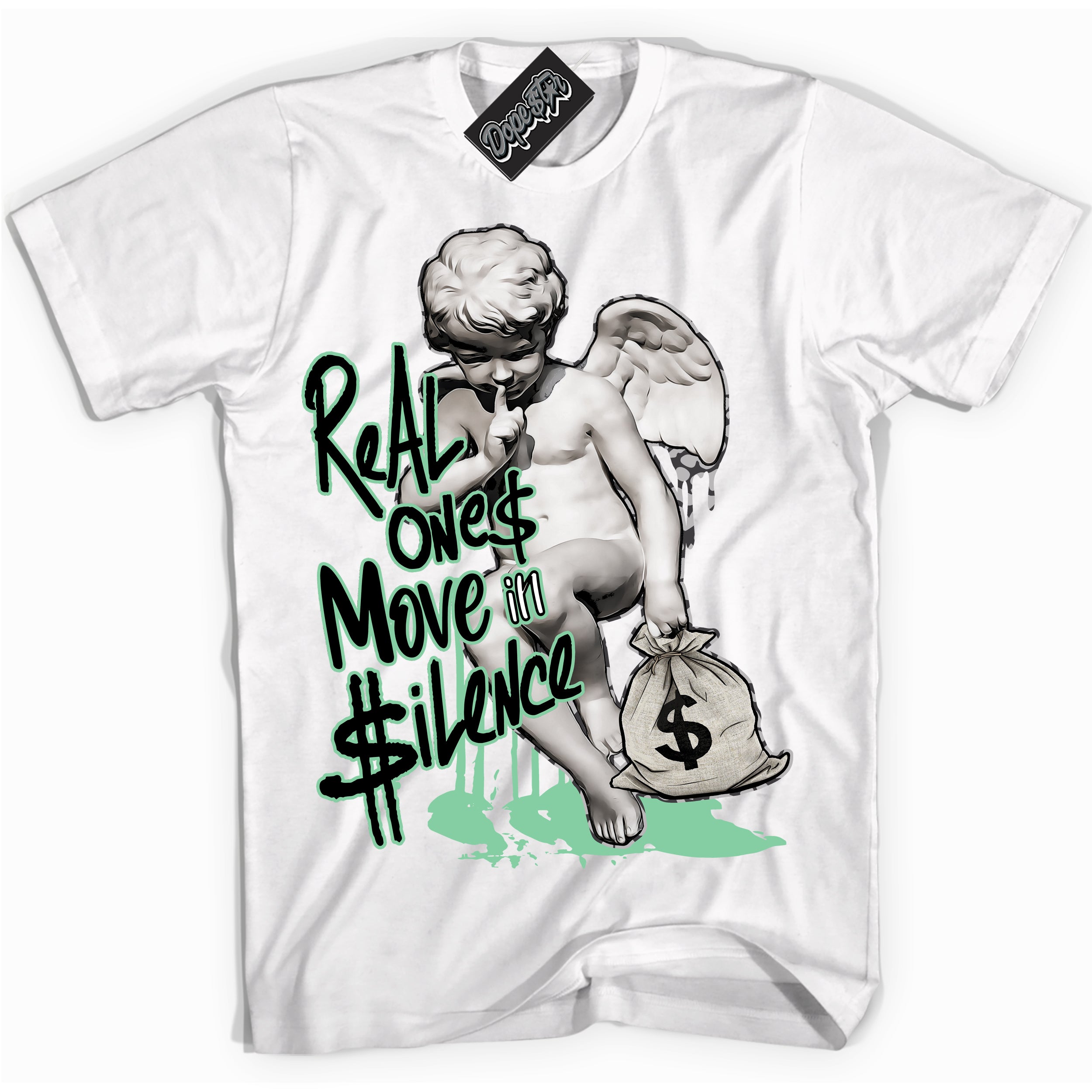 Cool White graphic tee with “ Real Ones Cherub ” design, that perfectly matches Green Glow 3s sneakers 