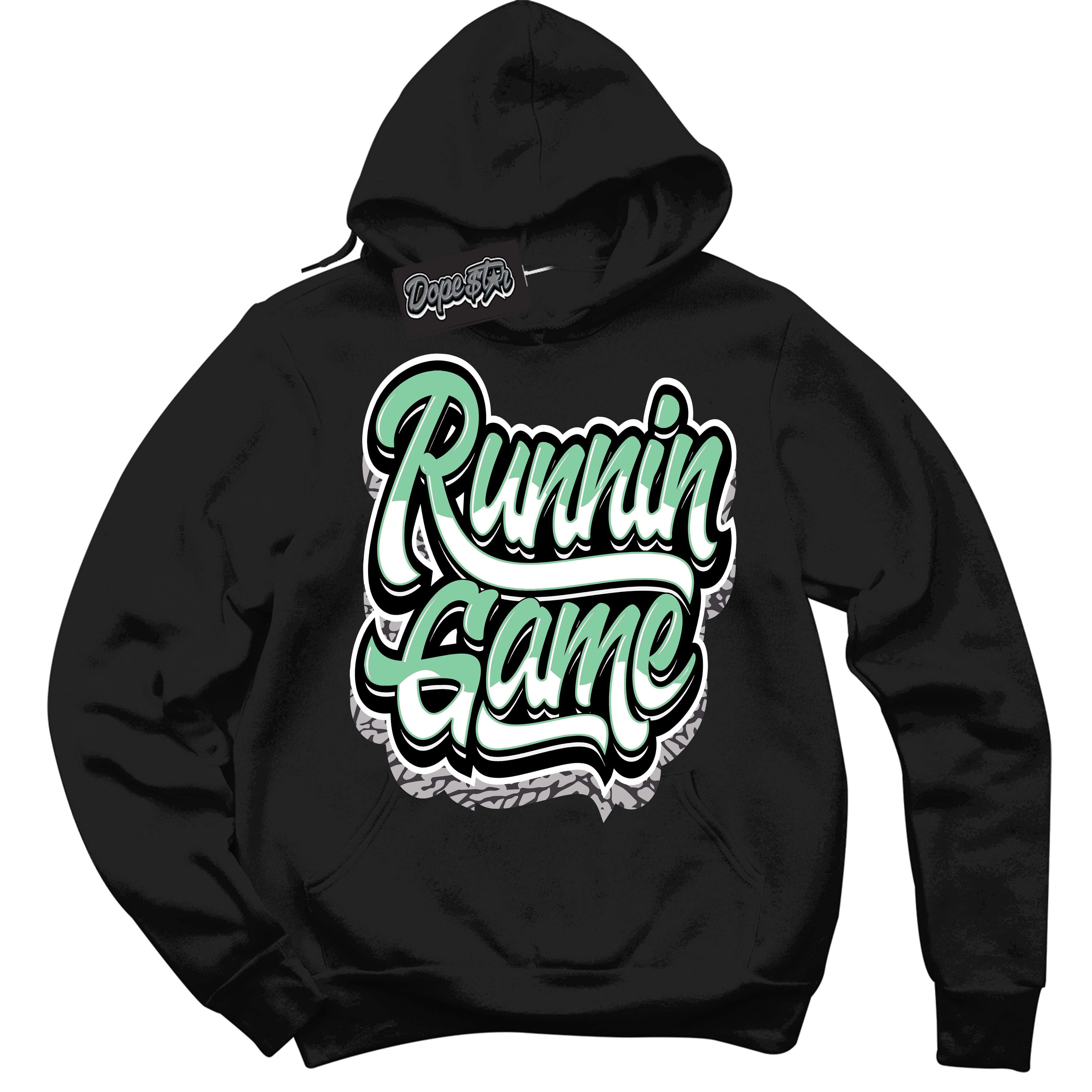 Cool Black Graphic DopeStar Hoodie with “ Running Game “ print, that perfectly matches Green Glow 3S sneakers