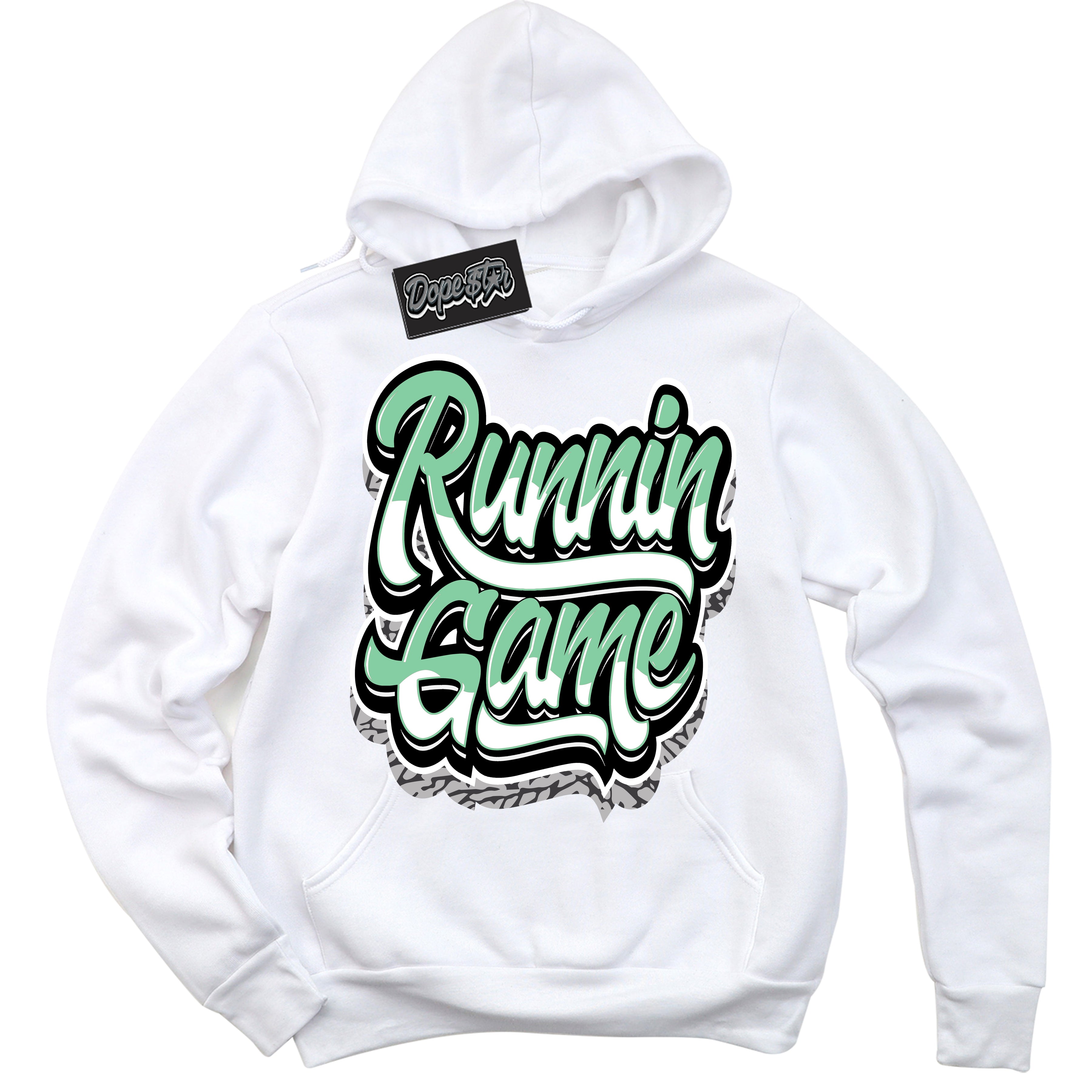 Cool White Graphic DopeStar Hoodie with “ Running Game “ print, that perfectly matches Green Glow 3s sneakers