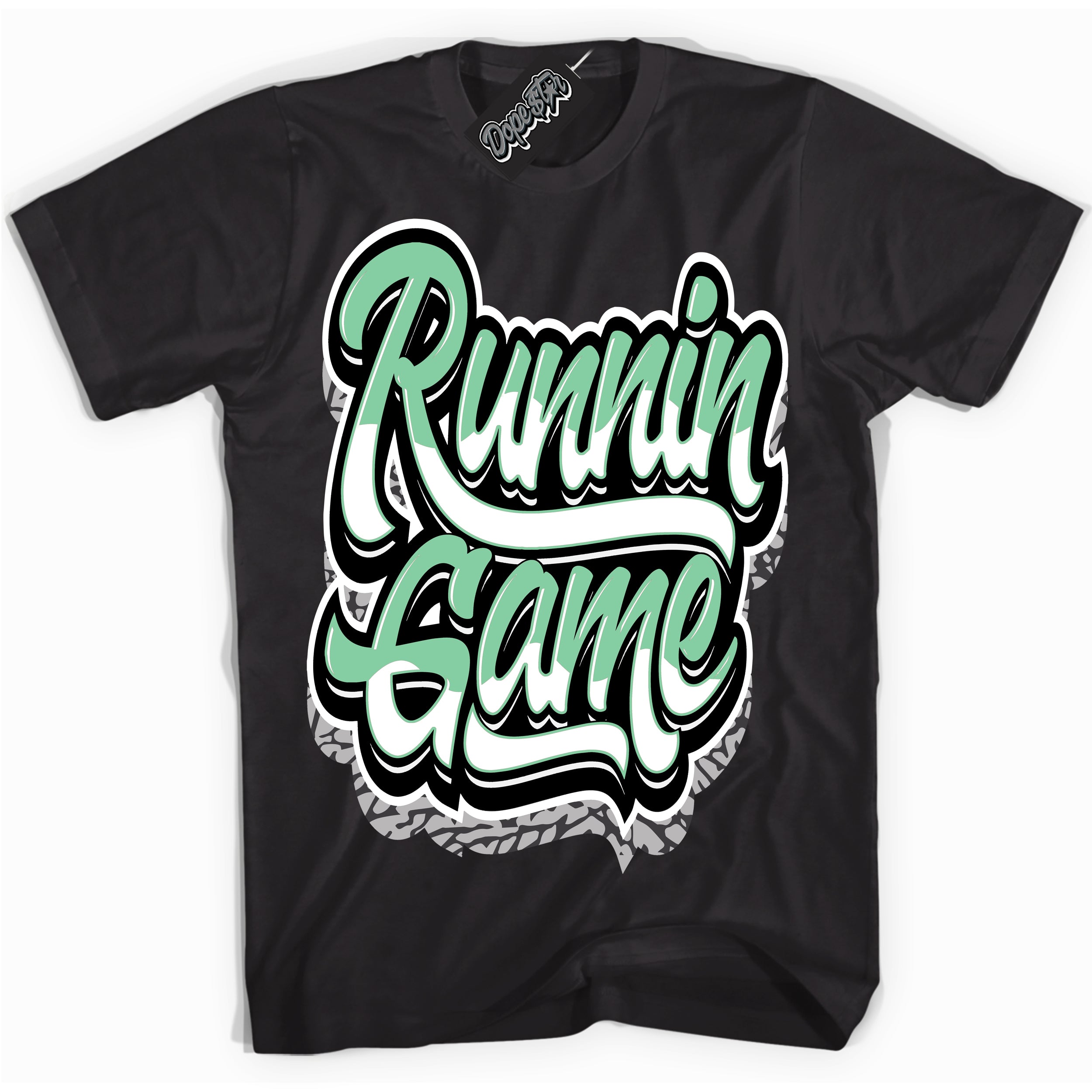 Cool Black graphic tee with “ Running Game ” design, that perfectly matches Green Glow 3s sneakers 