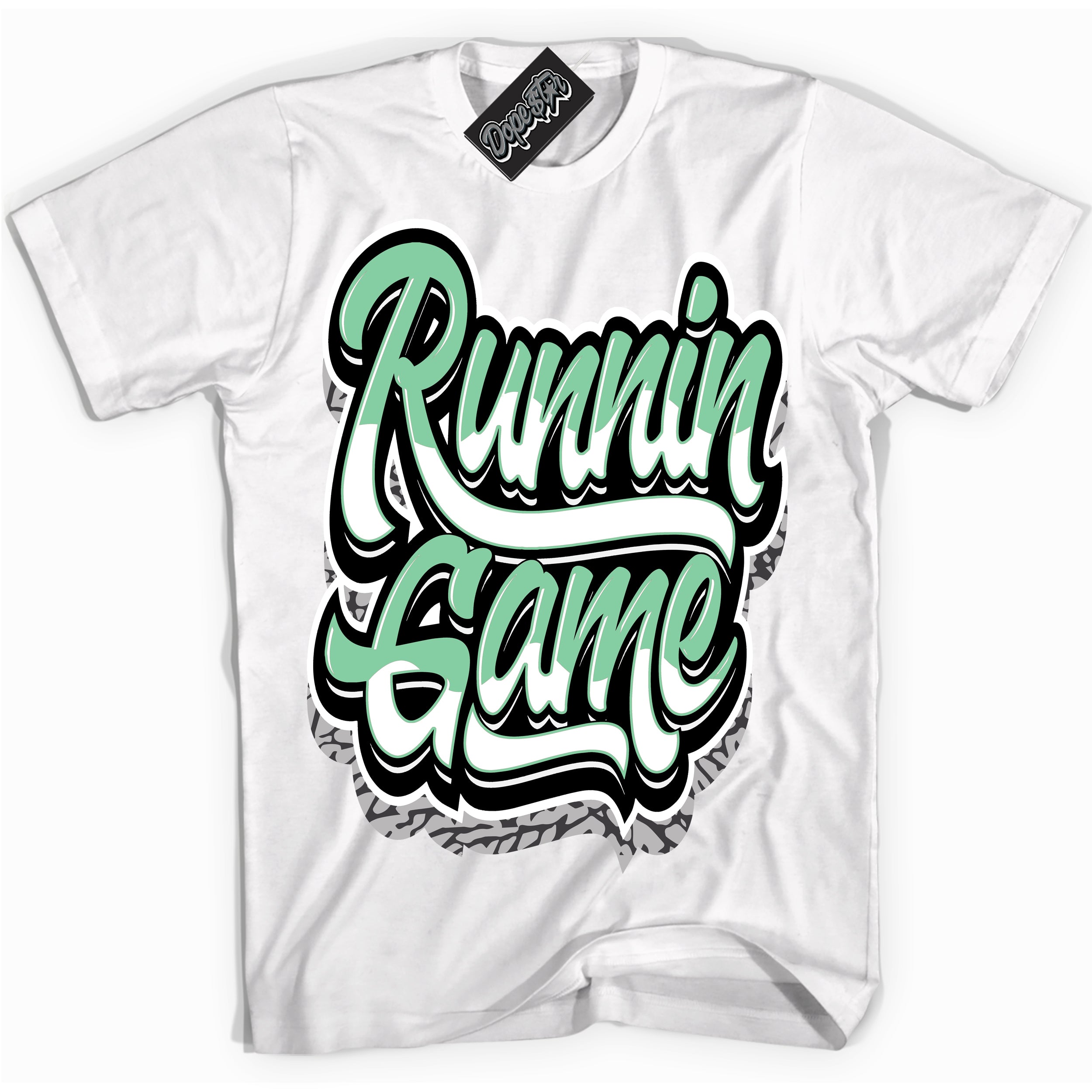 Cool White graphic tee with “ Running Game ” design, that perfectly matches Green Glow 3s sneakers 