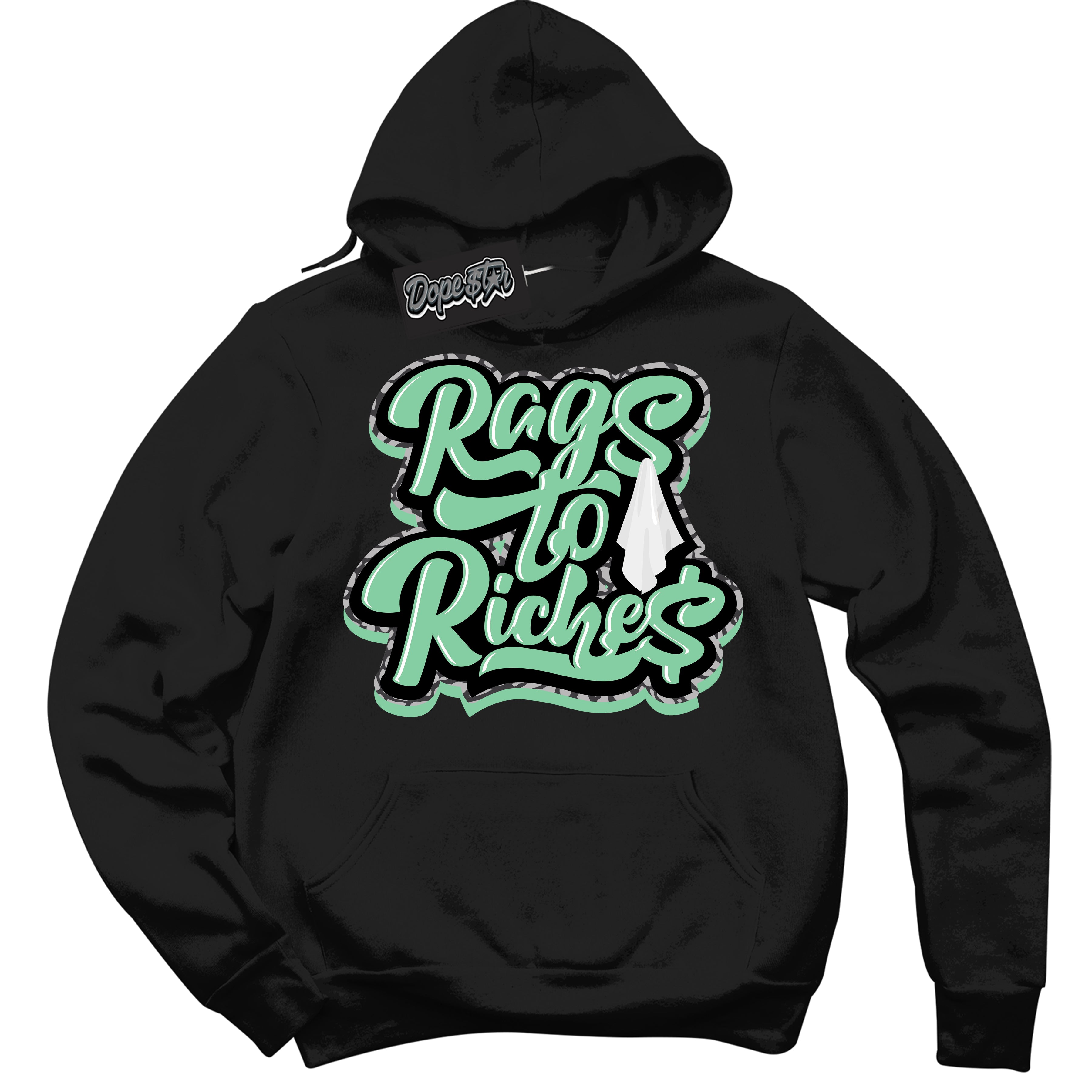 Cool Black Graphic DopeStar Hoodie with “ Rags To Riches “ print, that perfectly matches Green Glow 3S sneakers