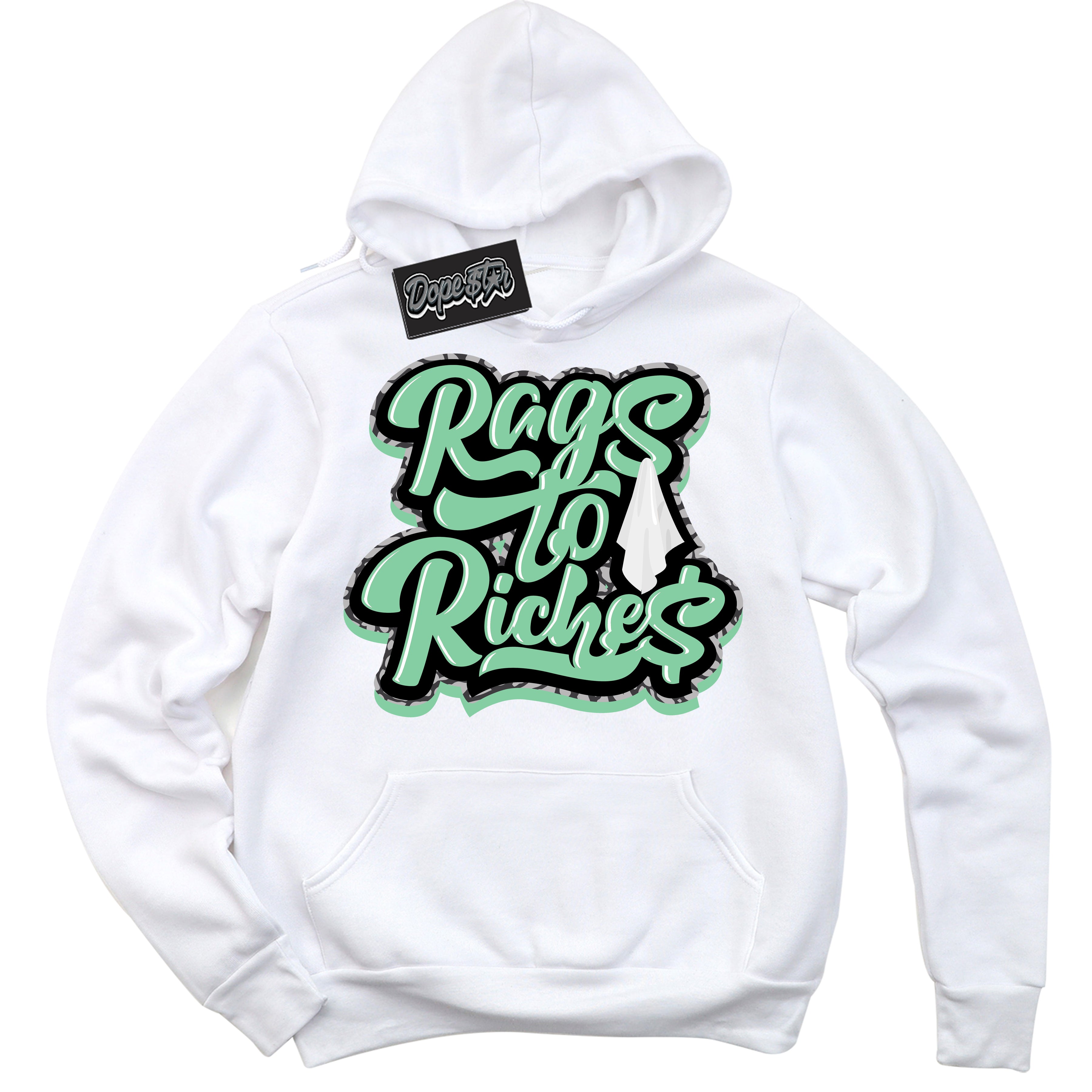 Cool White Graphic DopeStar Hoodie with “ Rags To Riches “ print, that perfectly matches Green Glow 3s sneakers