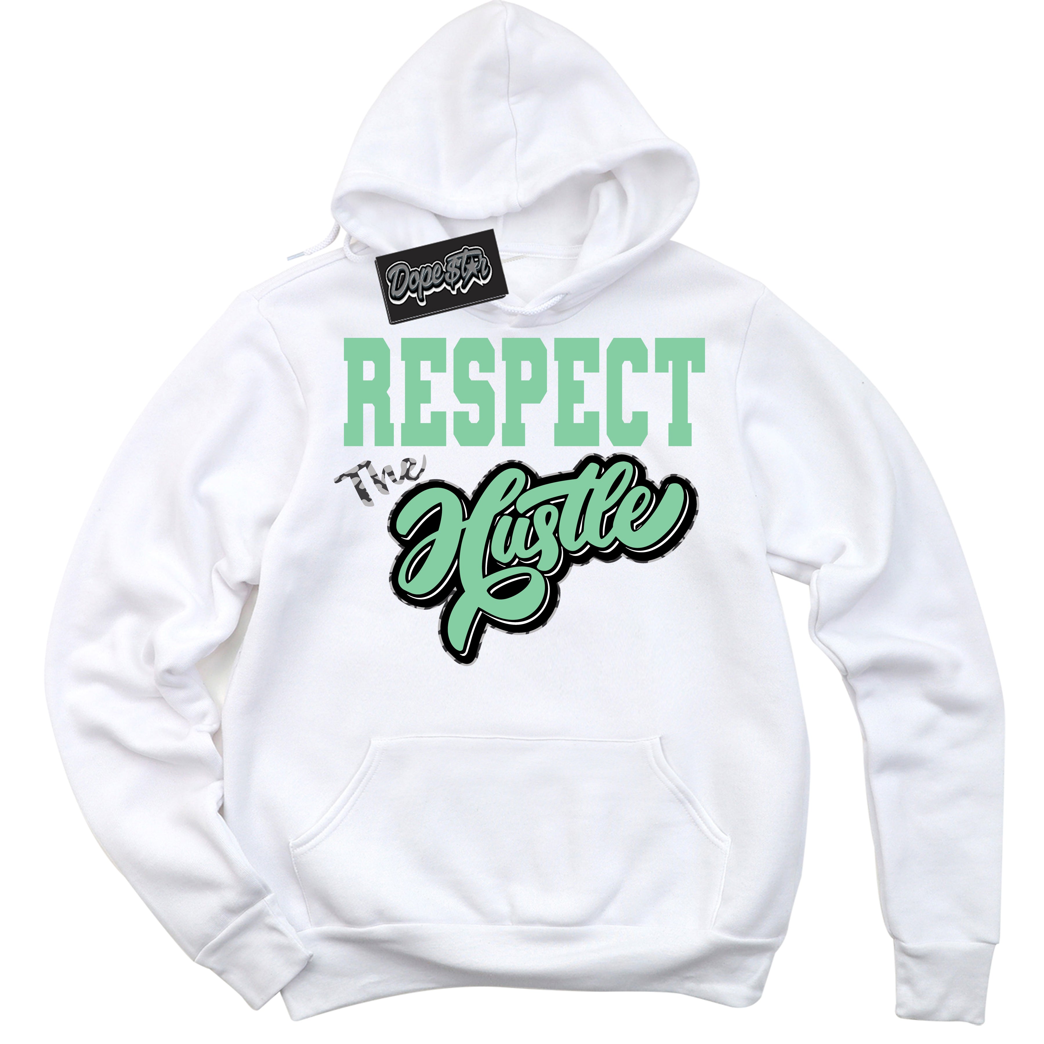 Cool White Graphic DopeStar Hoodie with “ Respect The Hustle “ print, that perfectly matches Green Glow 3s sneakers