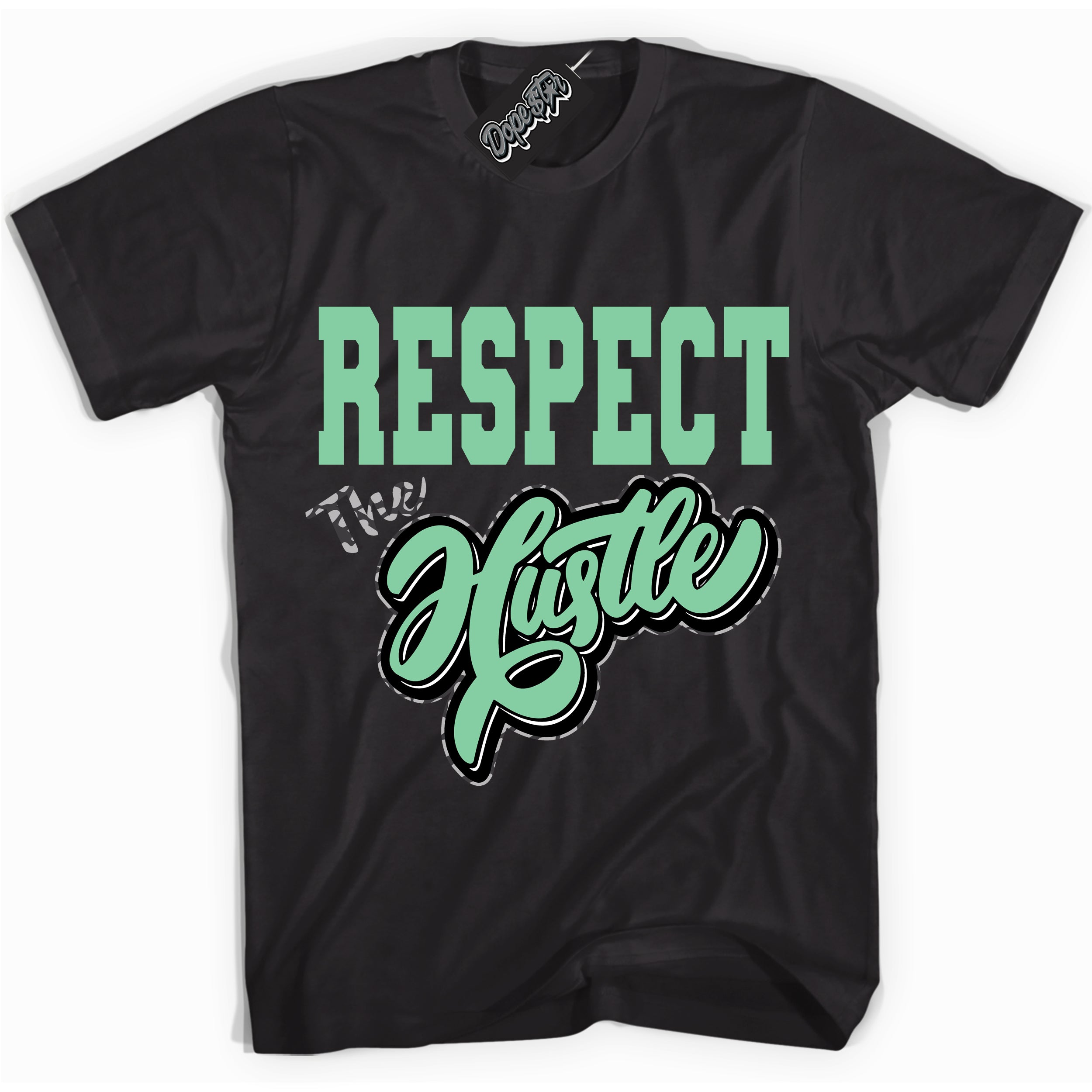 Cool Black graphic tee with “ Respect The Hustle ” design, that perfectly matches Green Glow 3s sneakers 