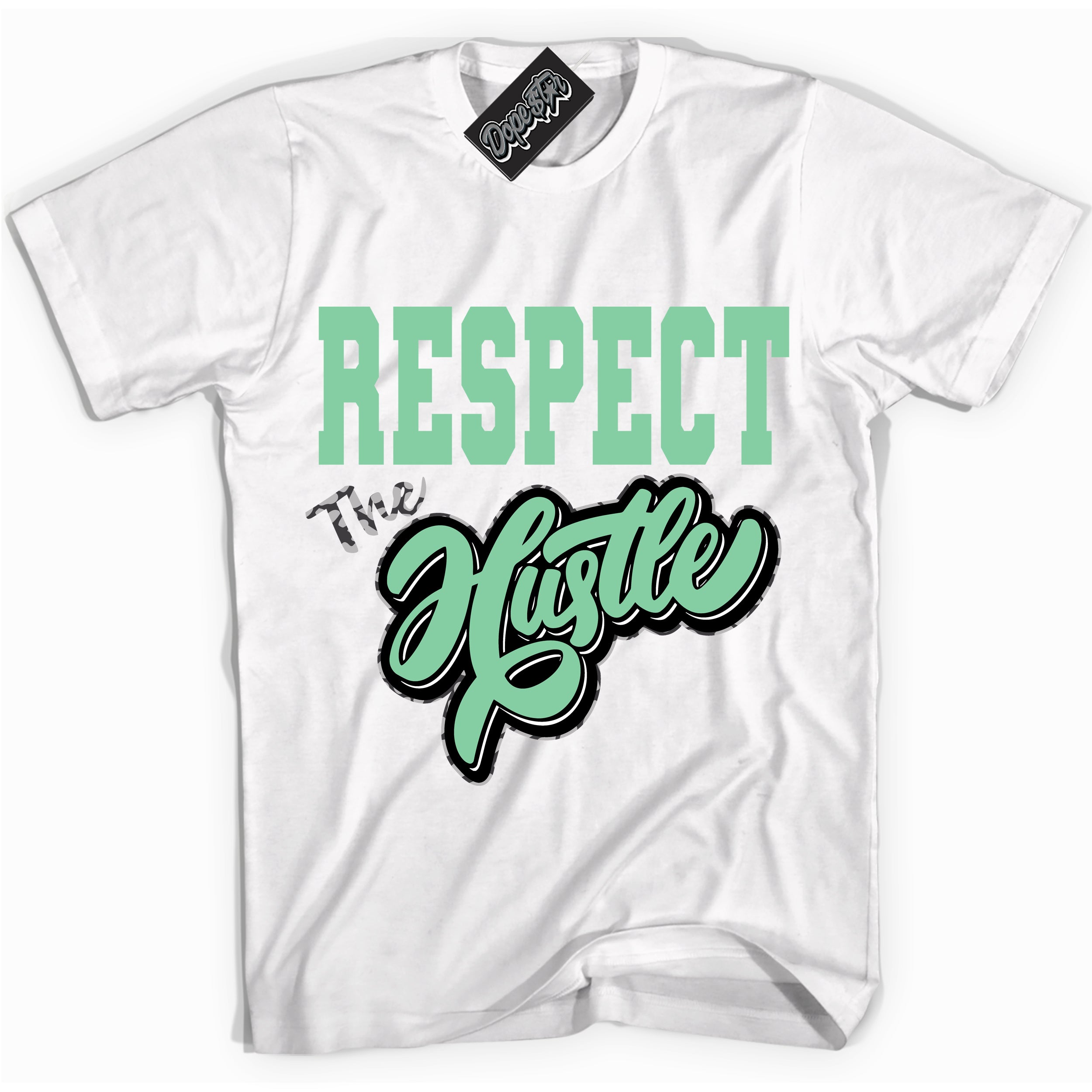 Cool White graphic tee with “ Respect The Hustle ” design, that perfectly matches Green Glow 3s sneakers 