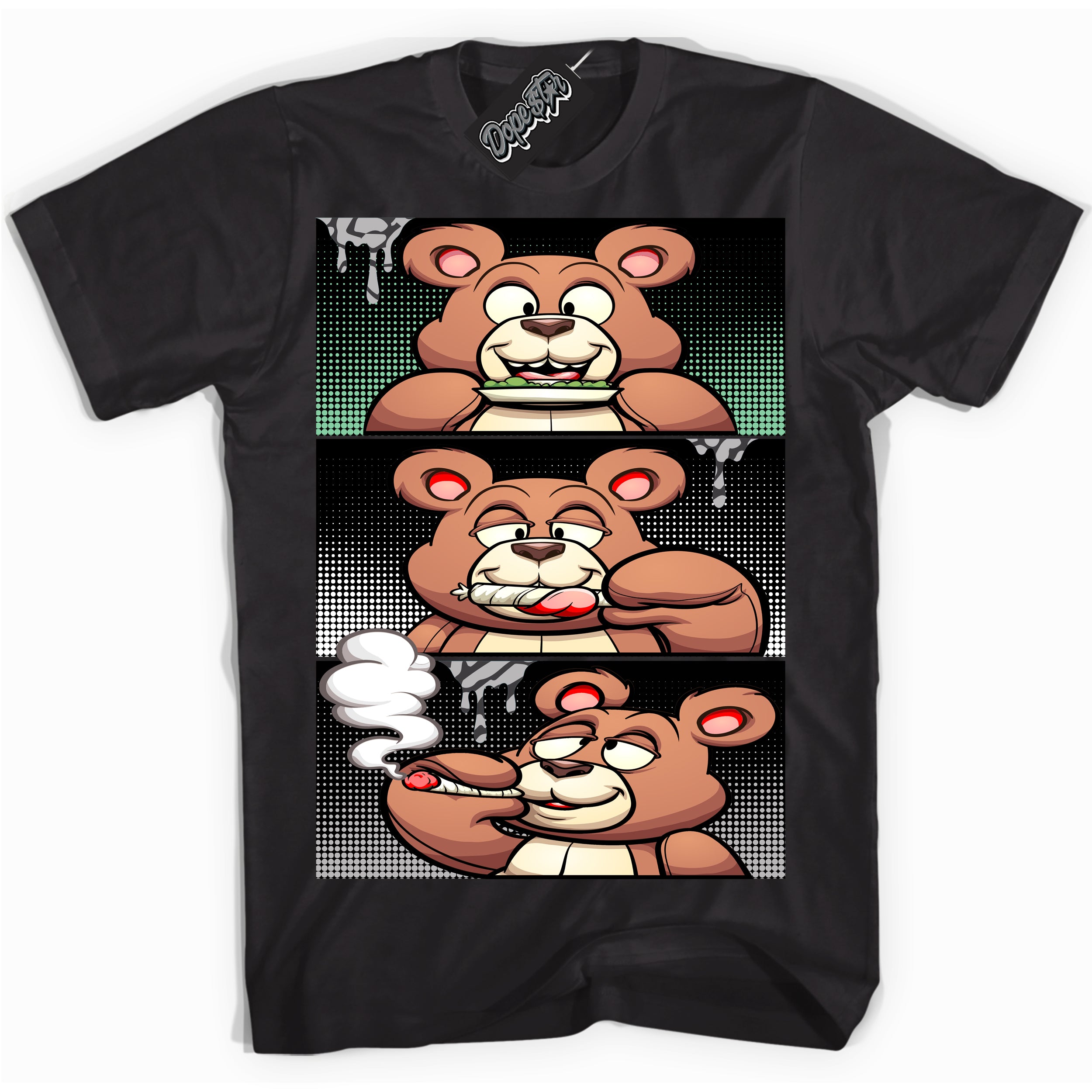 Cool Black graphic tee with “ Roll It Lick It Smoke It Bear ” design, that perfectly matches Green Glow 3s sneakers 