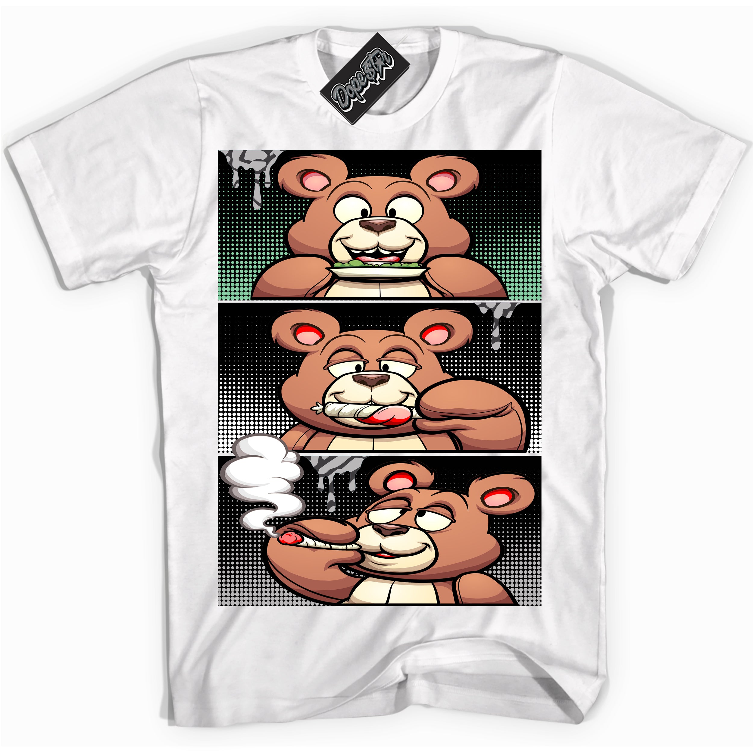 Cool White graphic tee with “ Roll It Lick It Smoke It Bear ” design, that perfectly matches Green Glow 3s sneakers 