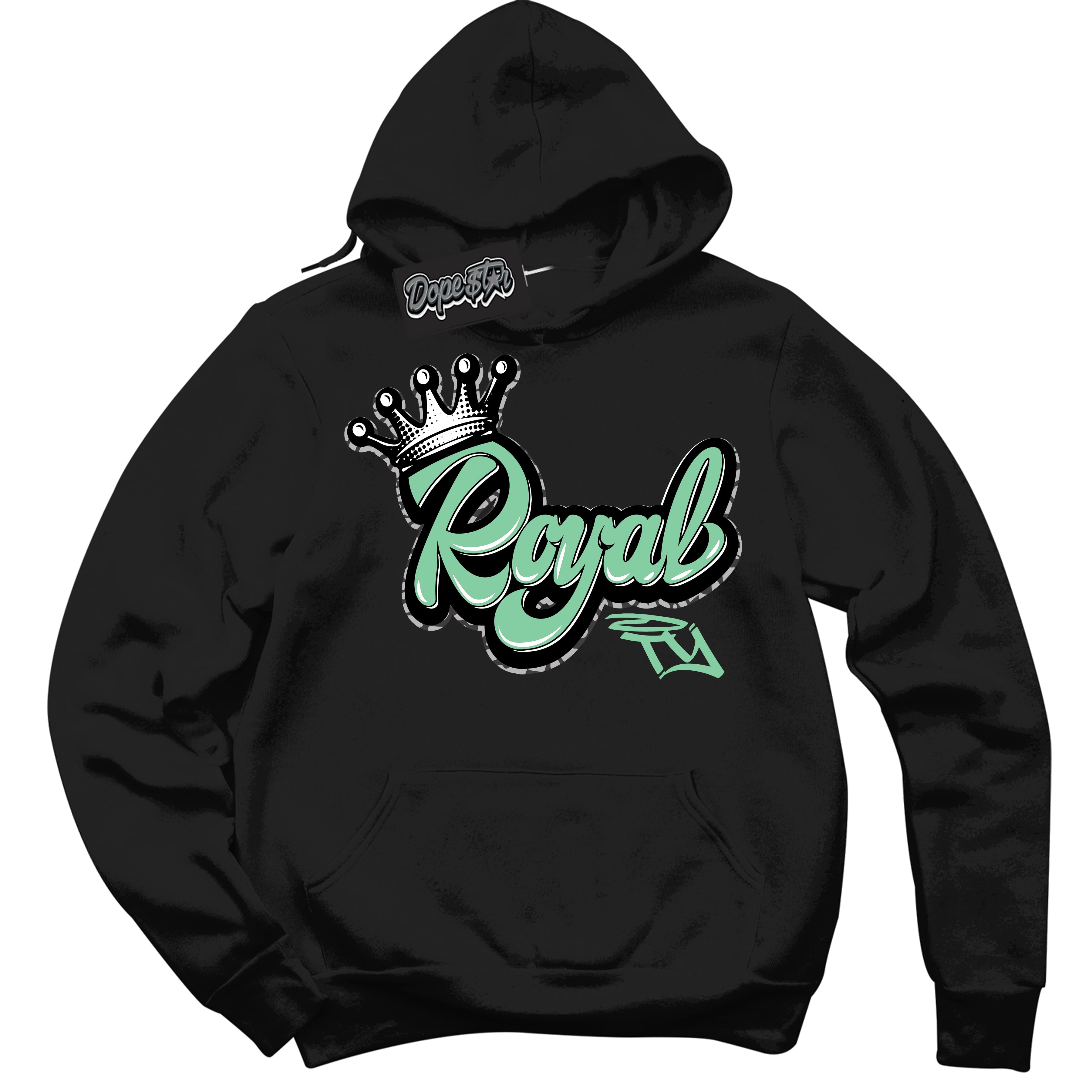 Cool Black Graphic DopeStar Hoodie with “ Royalty “ print, that perfectly matches Green Glow 3S sneakers