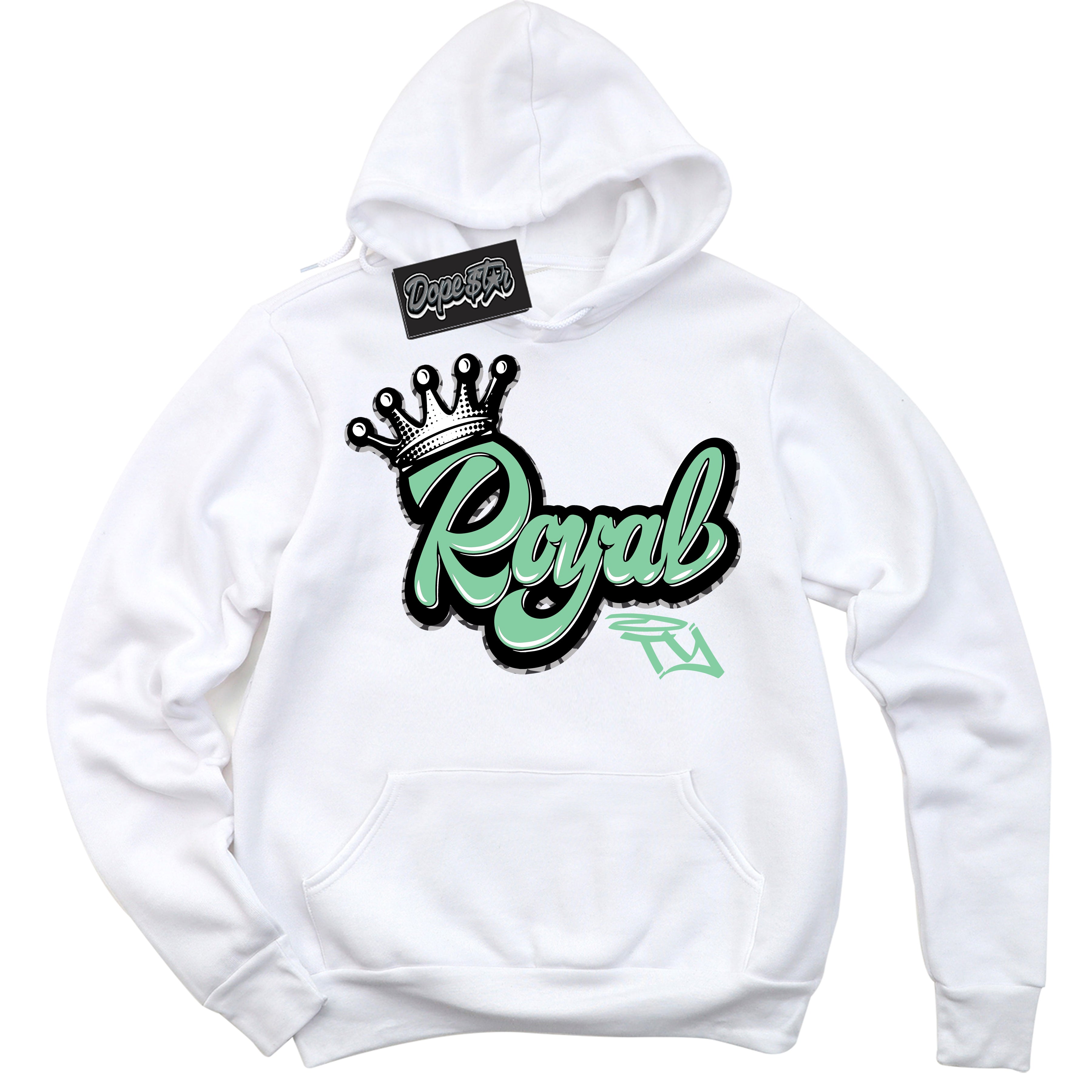 Cool White Graphic DopeStar Hoodie with “ Royalty “ print, that perfectly matches Green Glow 3s sneakers