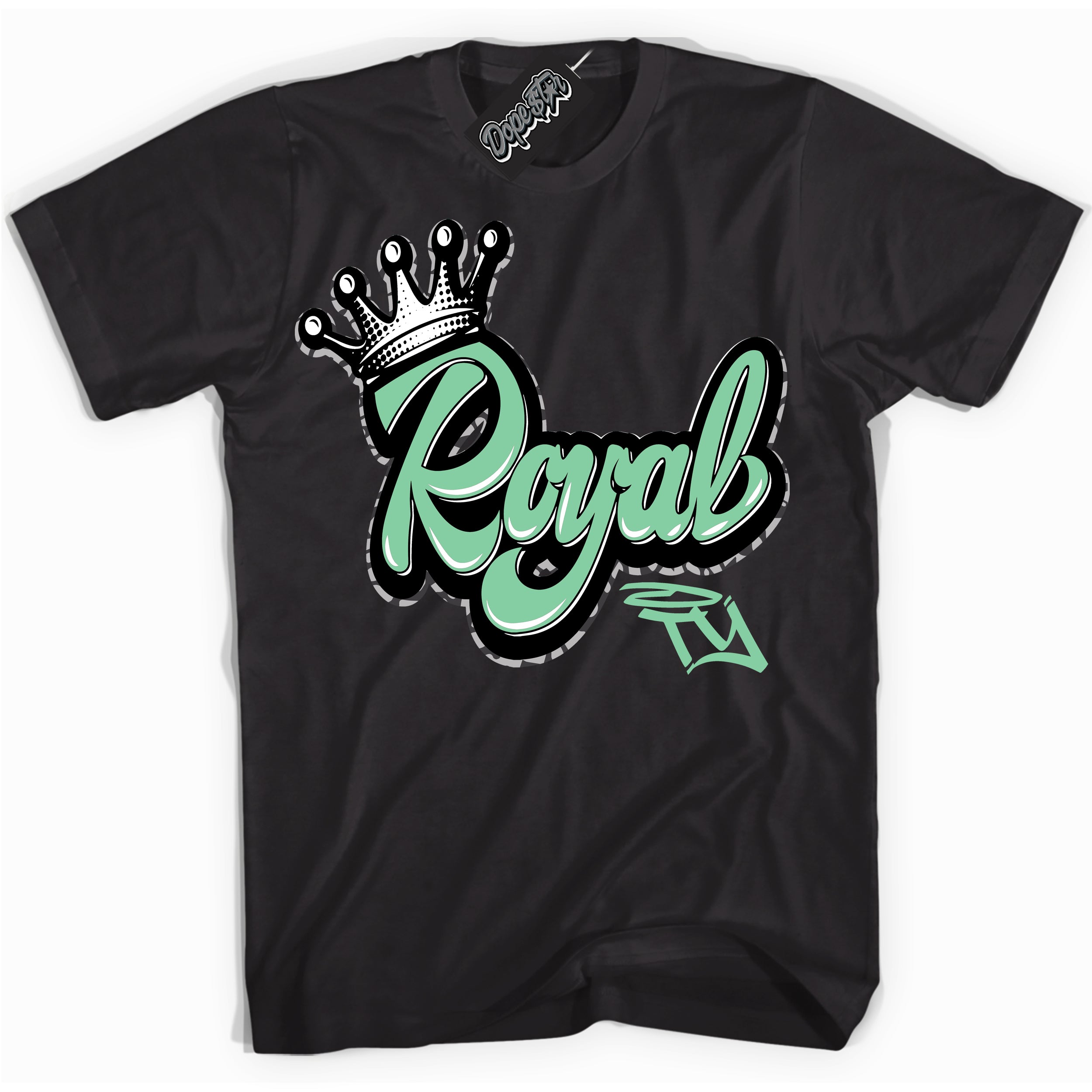 Cool Black graphic tee with “ Royalty ” design, that perfectly matches Green Glow 3s sneakers 