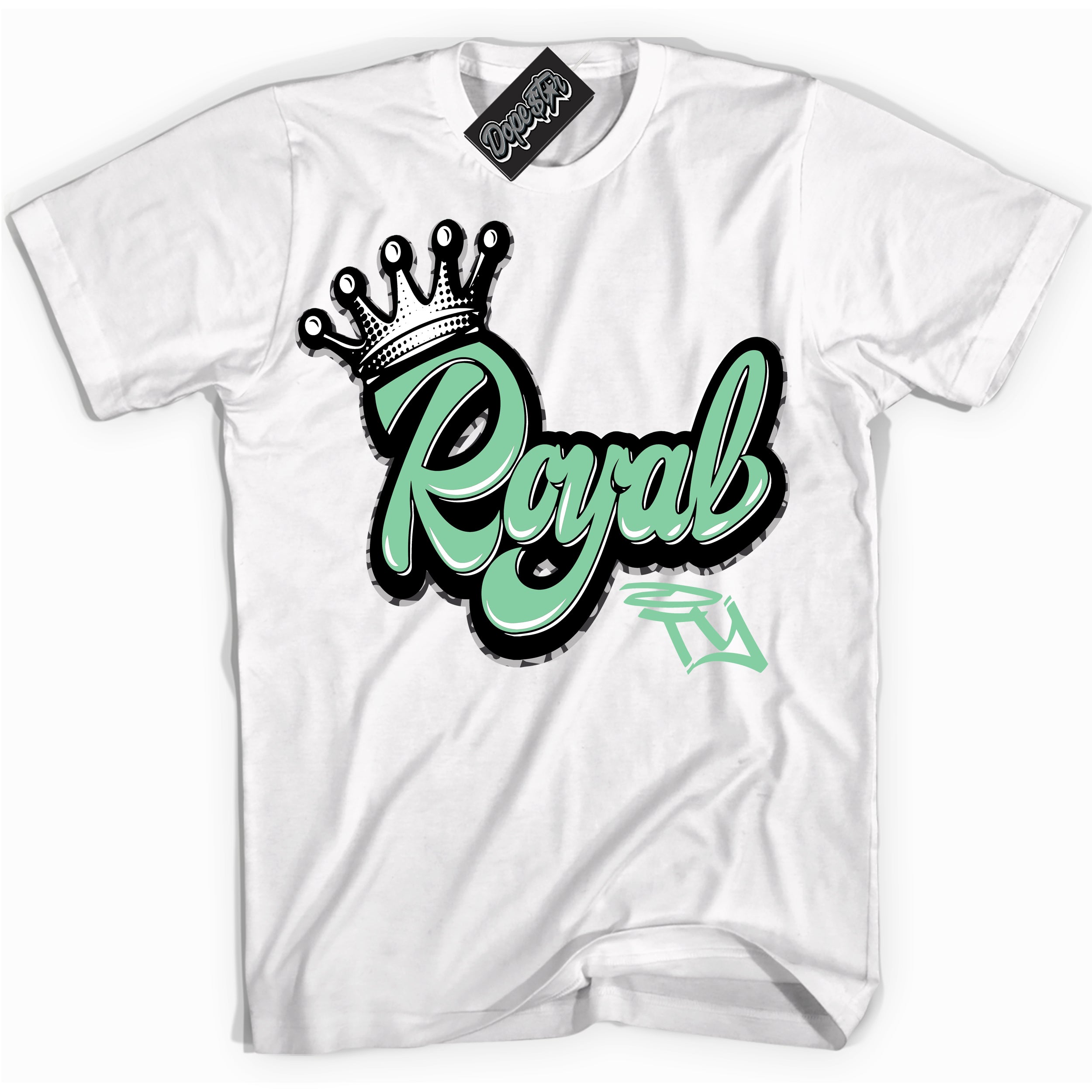 Cool White graphic tee with “ Royalty ” design, that perfectly matches Green Glow 3s sneakers 
