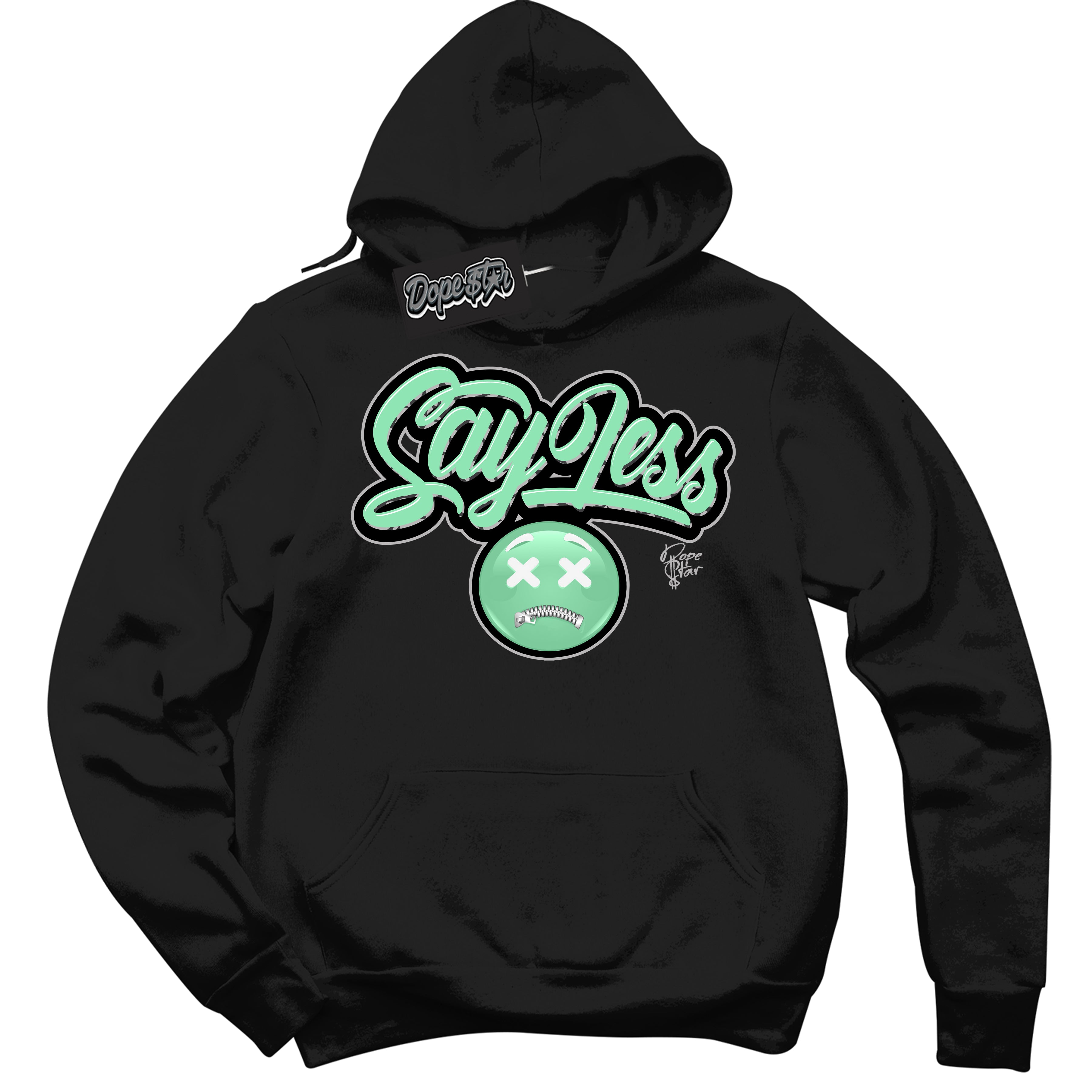 Cool Black Graphic DopeStar Hoodie with “ Say Less “ print, that perfectly matches Green Glow 3S sneakers