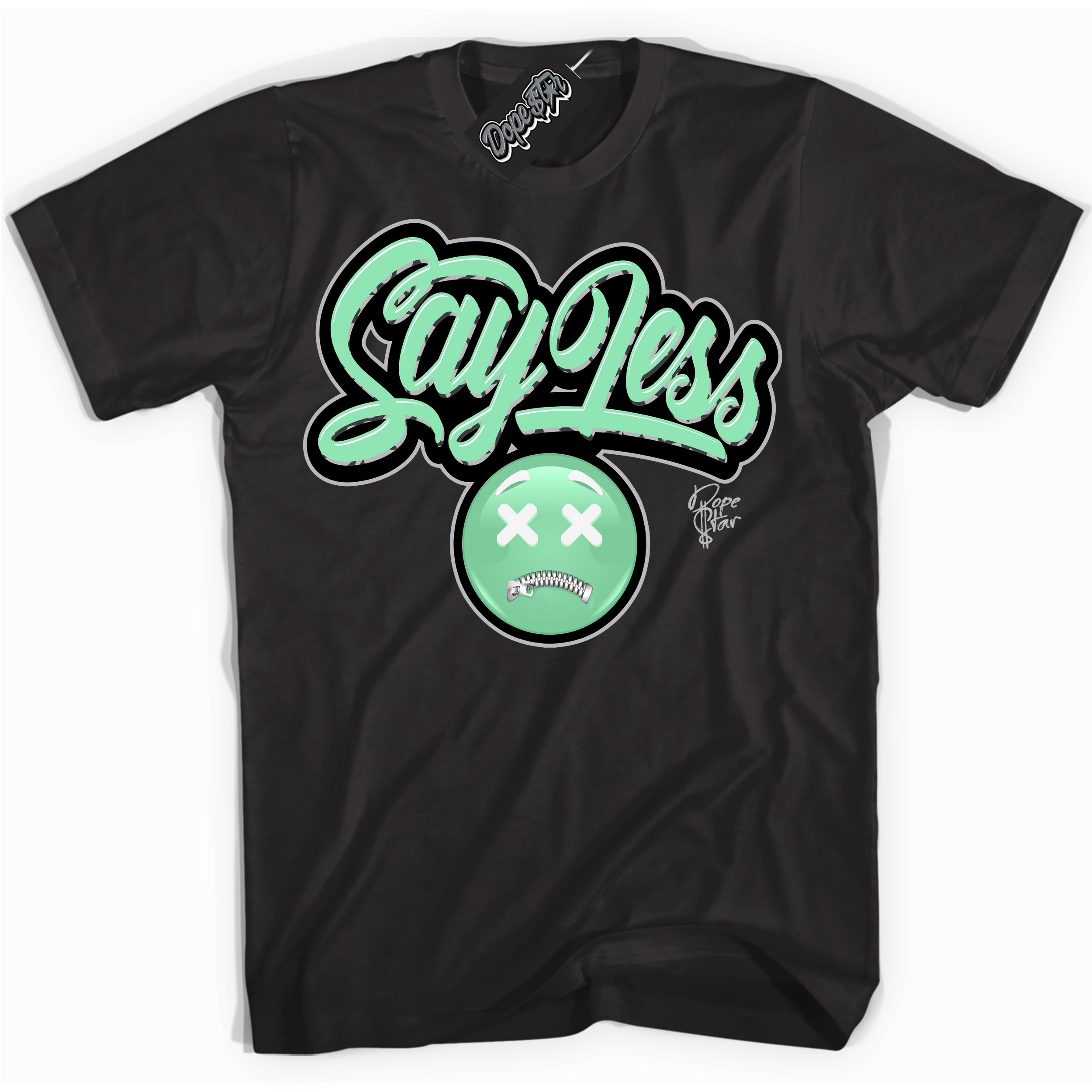 Cool Black graphic tee with “ Say Less ” design, that perfectly matches Green Glow 3s sneakers 