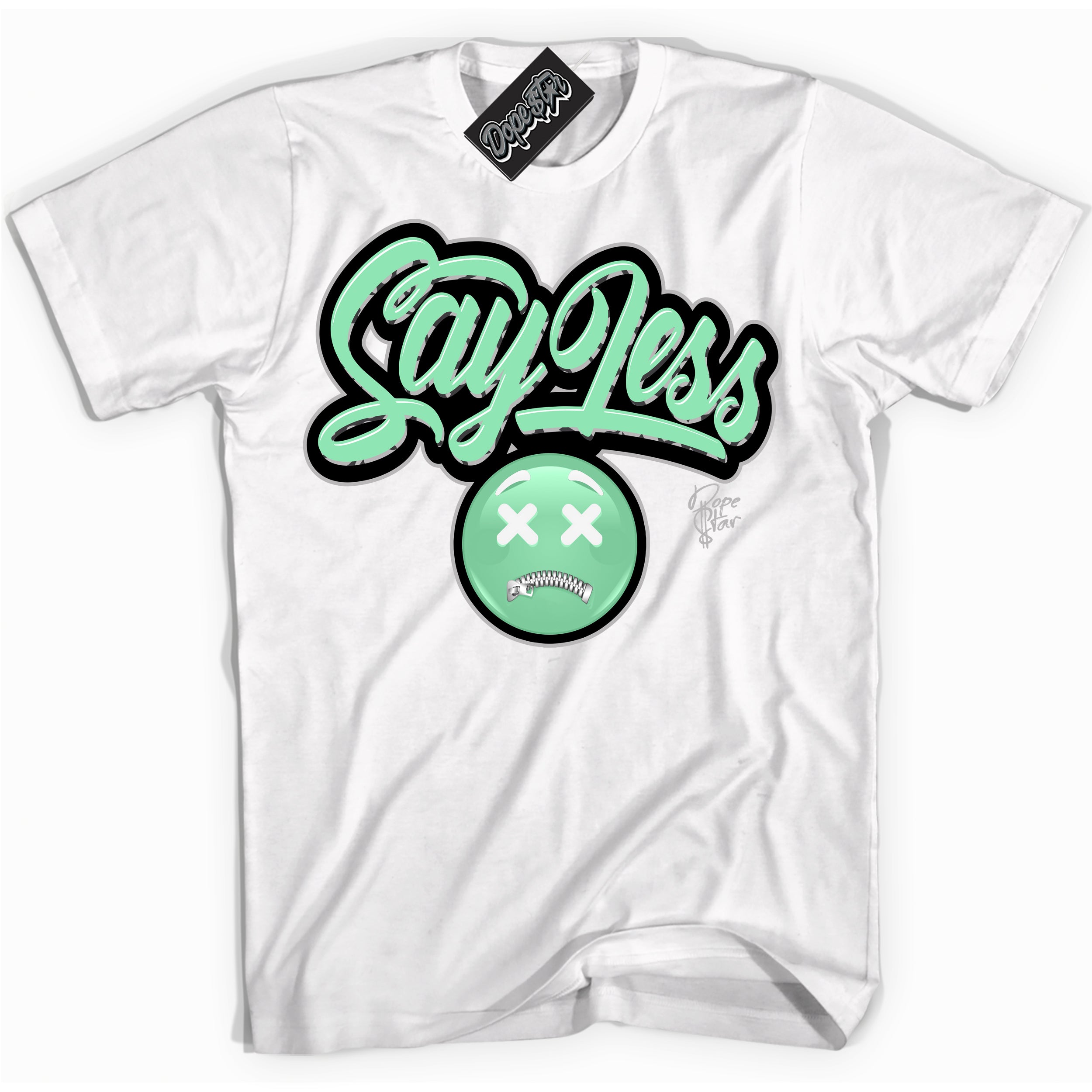 Cool White graphic tee with “ Say Less ” design, that perfectly matches Green Glow 3s sneakers 