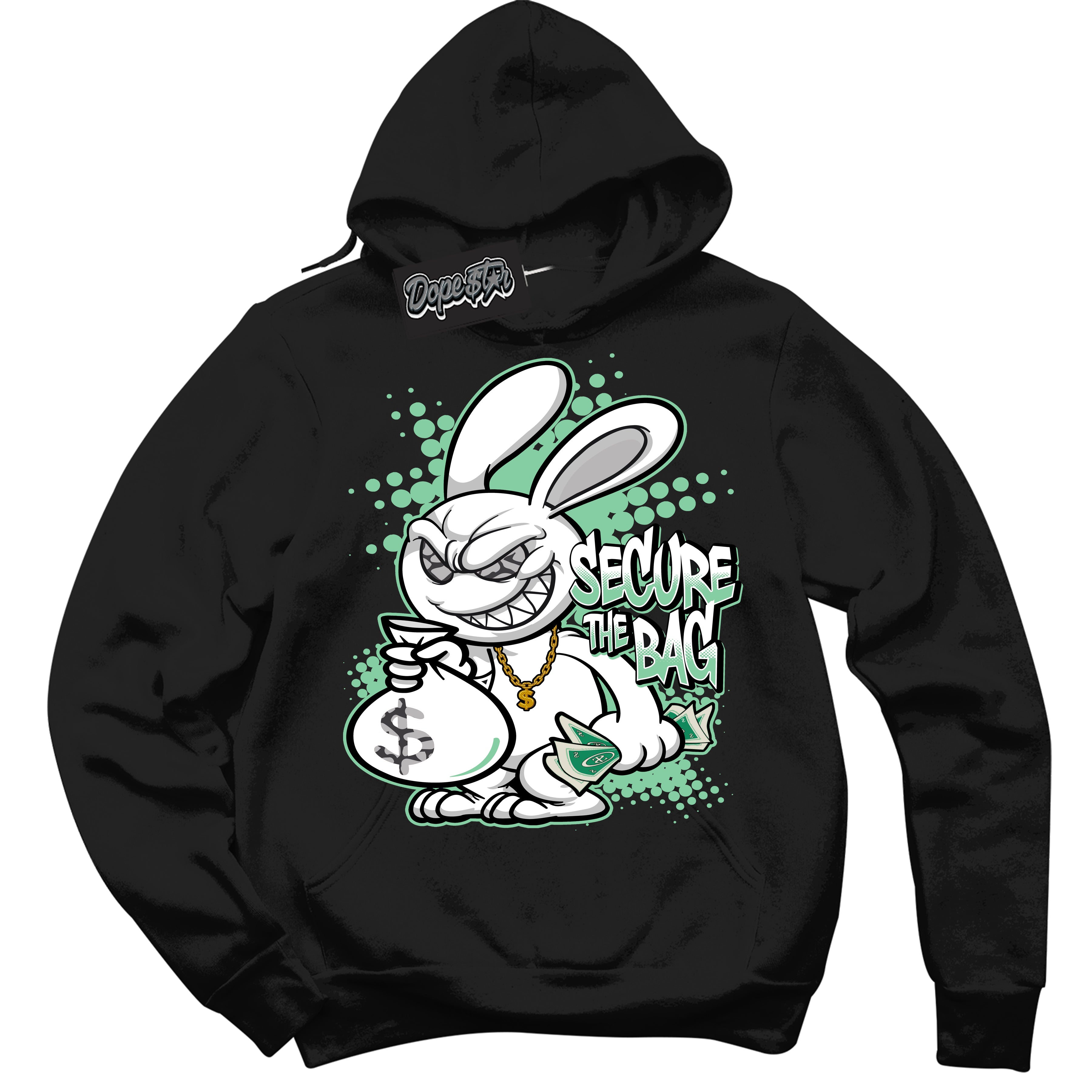 Cool Black Graphic DopeStar Hoodie with “ Secure The Bag “ print, that perfectly matches Green Glow 3S sneakers