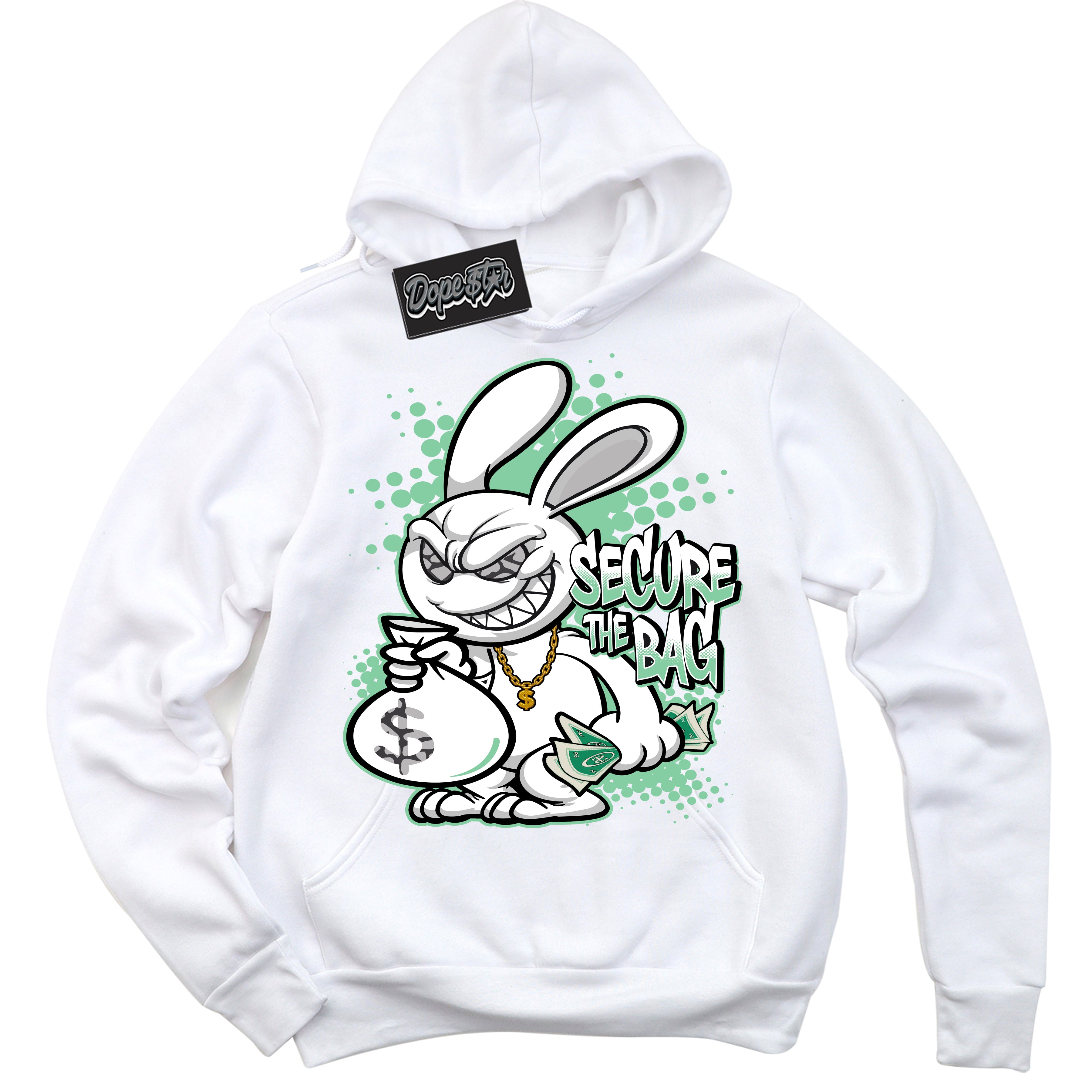 Cool White Graphic DopeStar Hoodie with “ Secure The Bag “ print, that perfectly matches Green Glow 3s sneakers