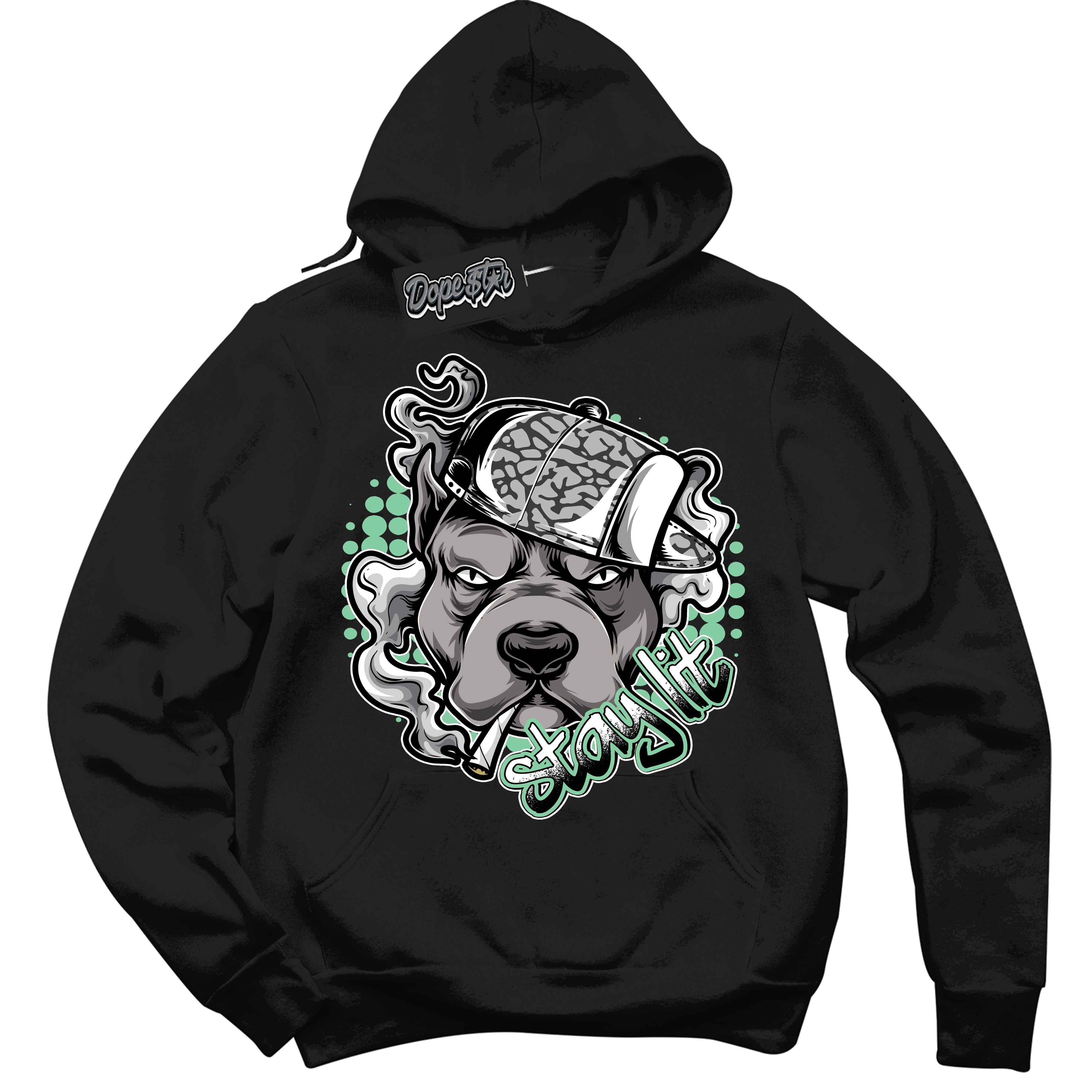 Cool Black Graphic DopeStar Hoodie with “ Stay Lit “ print, that perfectly matches Green Glow 3S sneakers