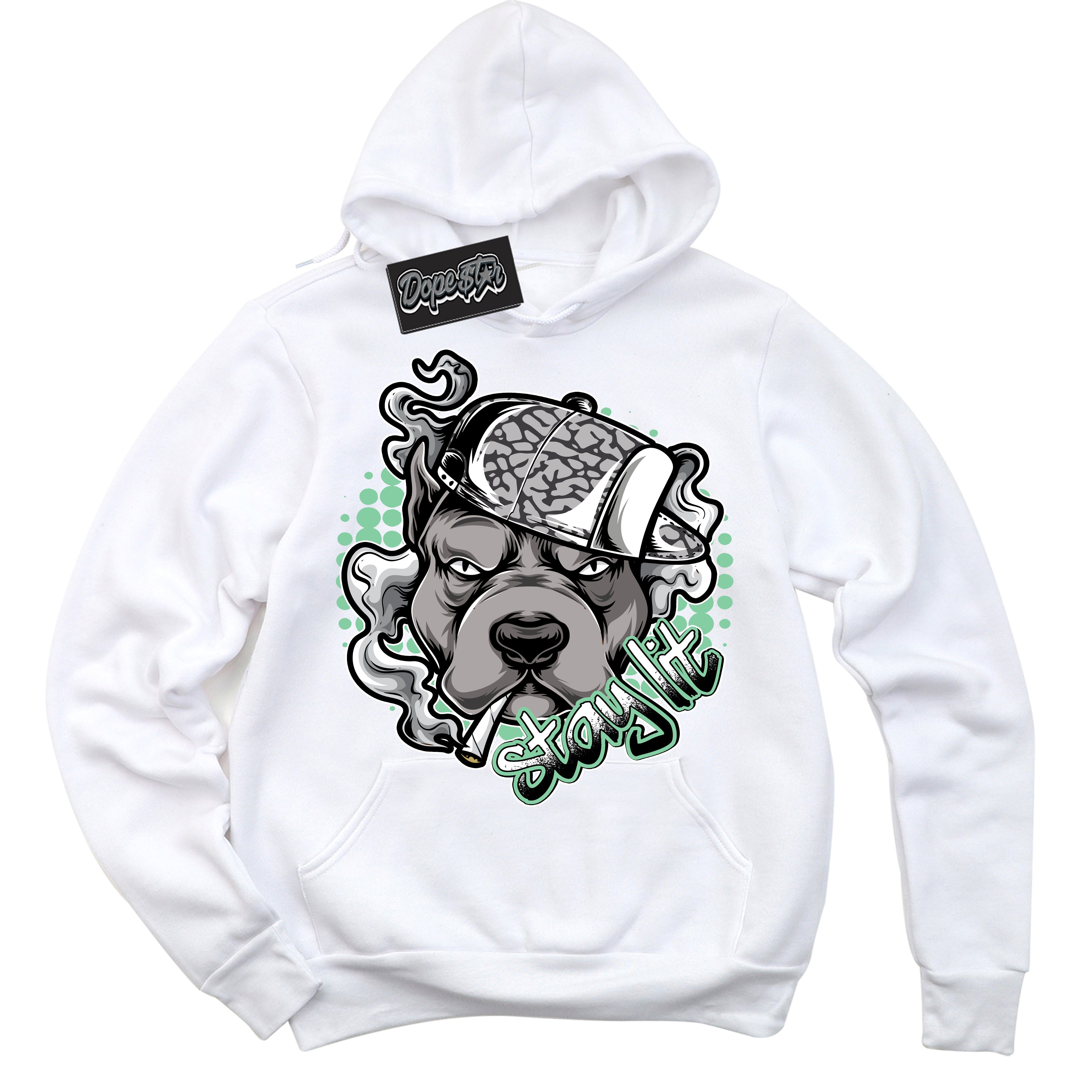 Cool White Graphic DopeStar Hoodie with “ Stay Lit “ print, that perfectly matches Green Glow 3s sneakers