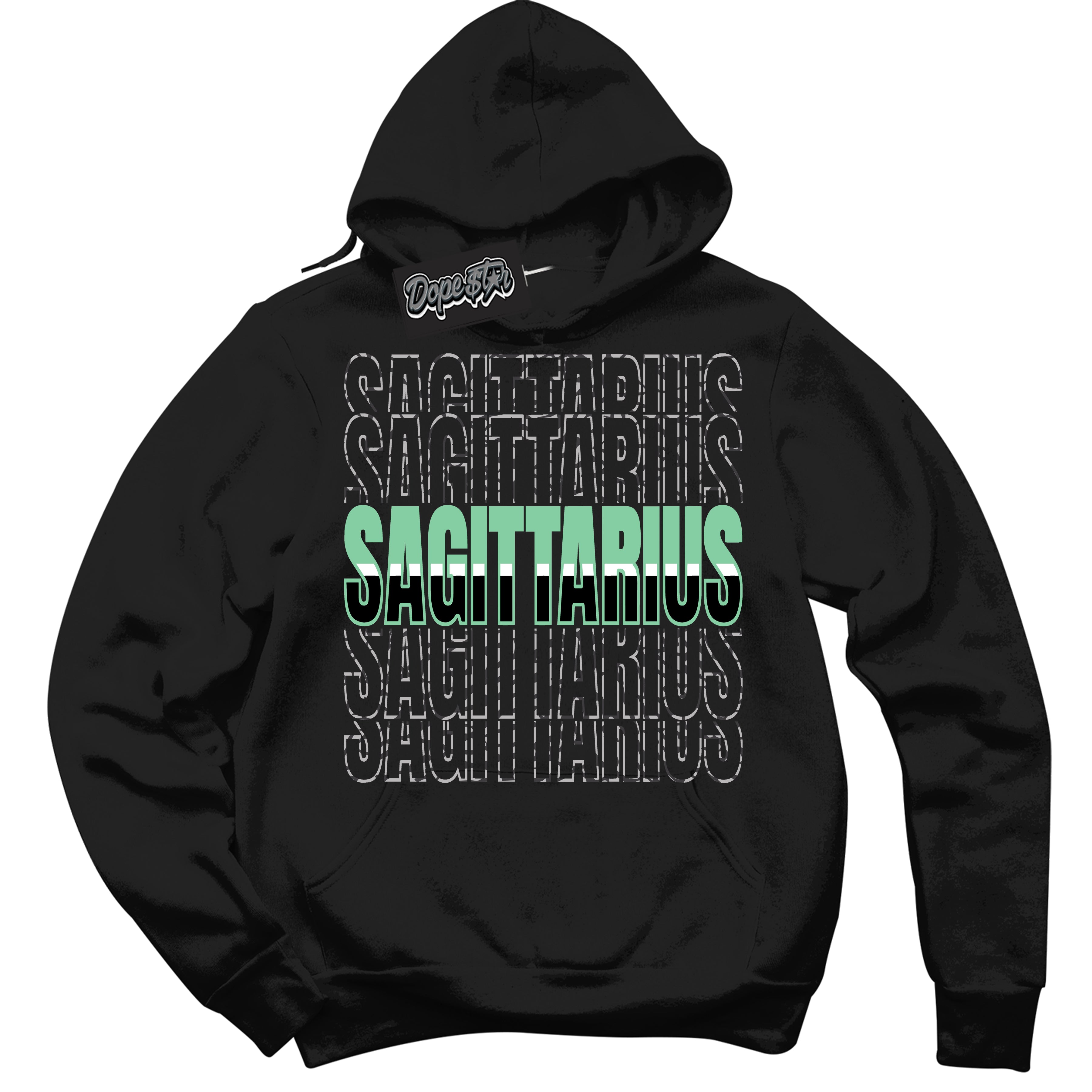 Cool Black Graphic DopeStar Hoodie with “ Sagittarius “ print, that perfectly matches Green Glow 3S sneakers