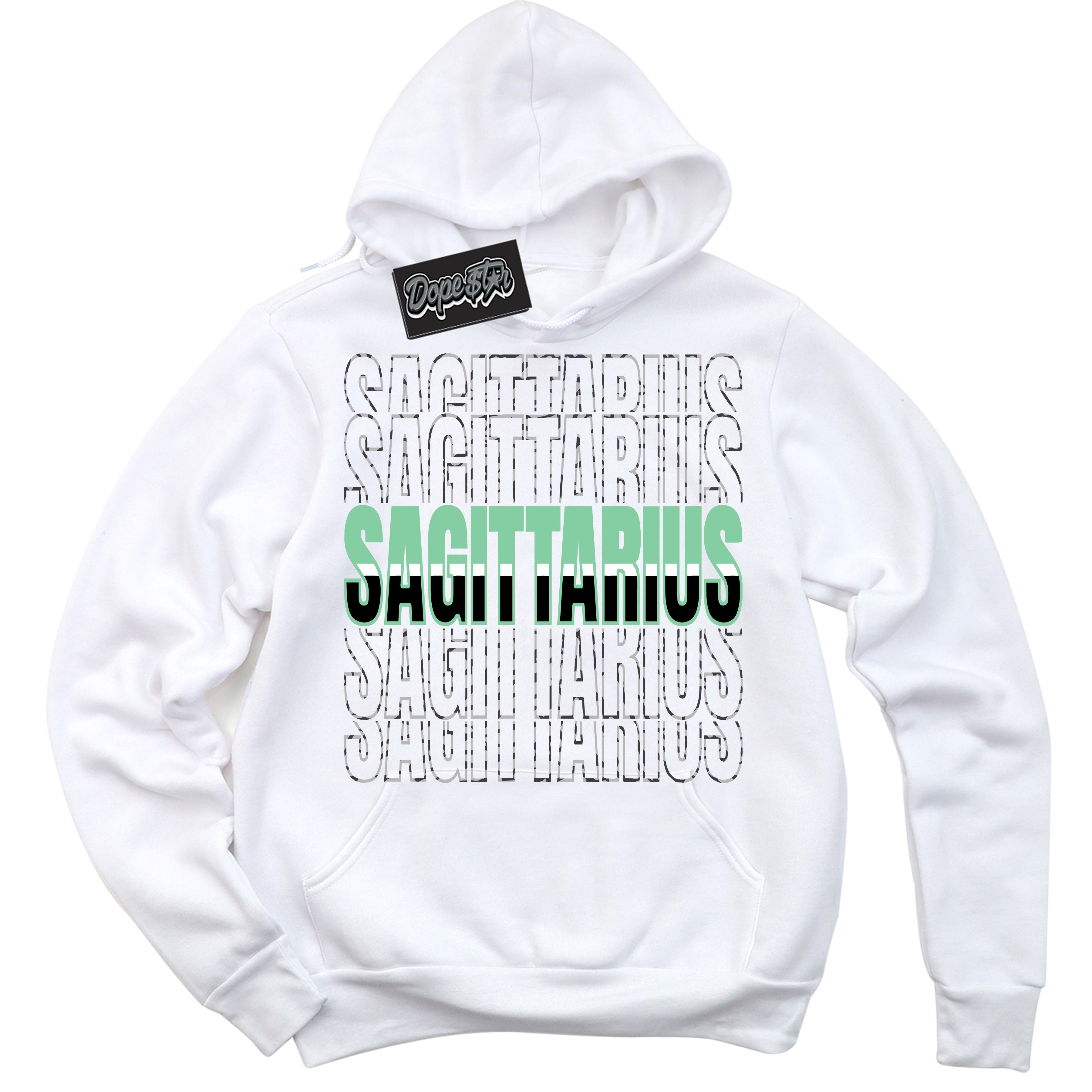 Cool White Graphic DopeStar Hoodie with “ Sagittarius “ print, that perfectly matches Green Glow 3s sneakers