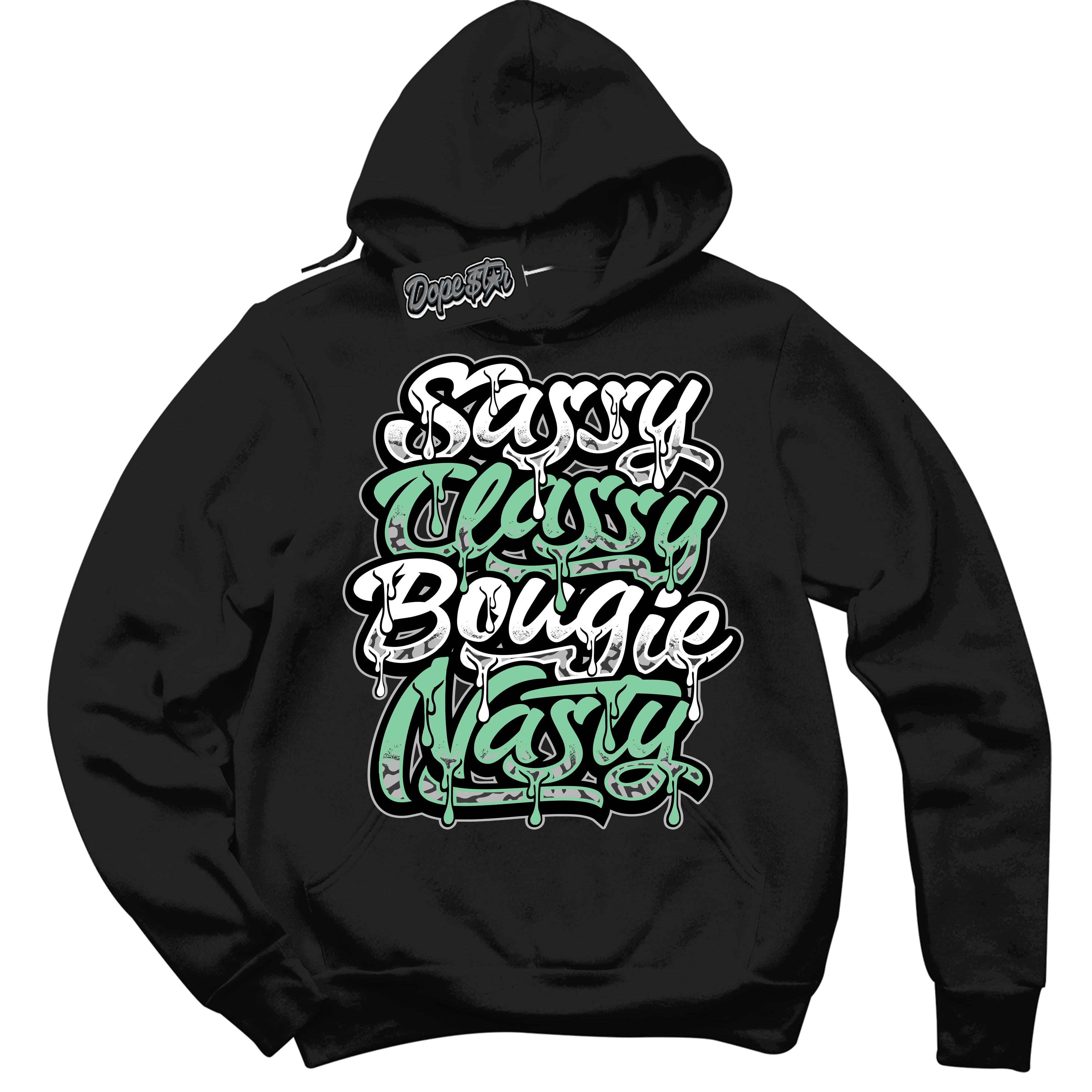 Cool Black Graphic DopeStar Hoodie with “ Sassy Classy “ print, that perfectly matches Green Glow 3S sneakers