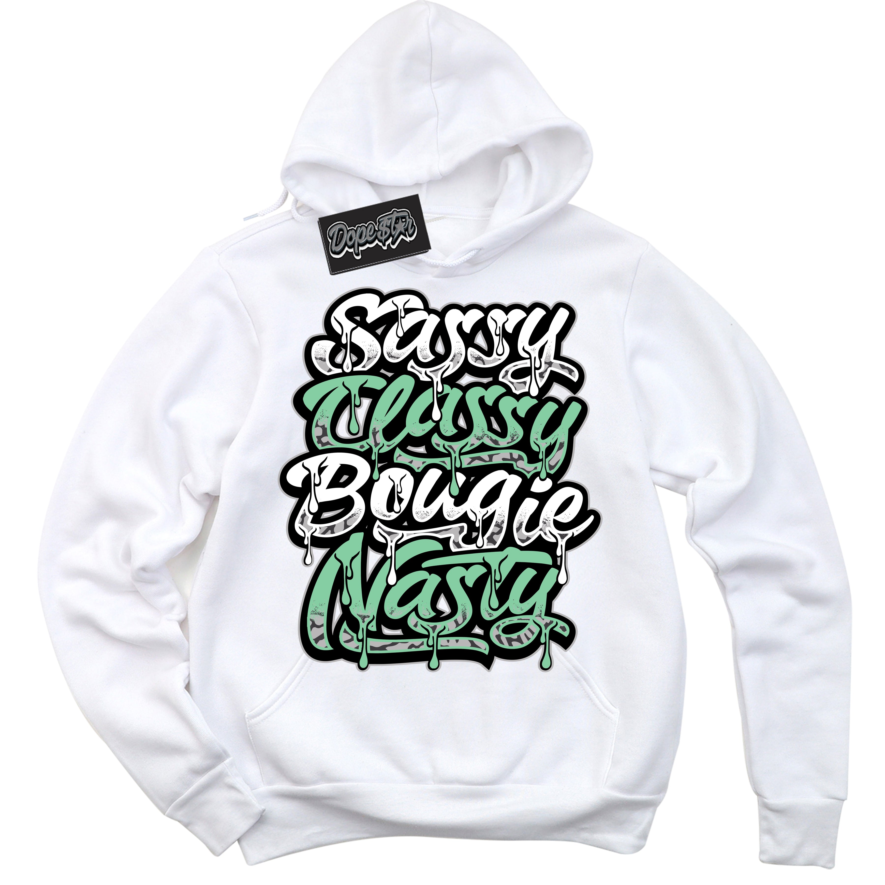 Cool White Graphic DopeStar Hoodie with “ Sassy Classy “ print, that perfectly matches Green Glow 3s sneakers