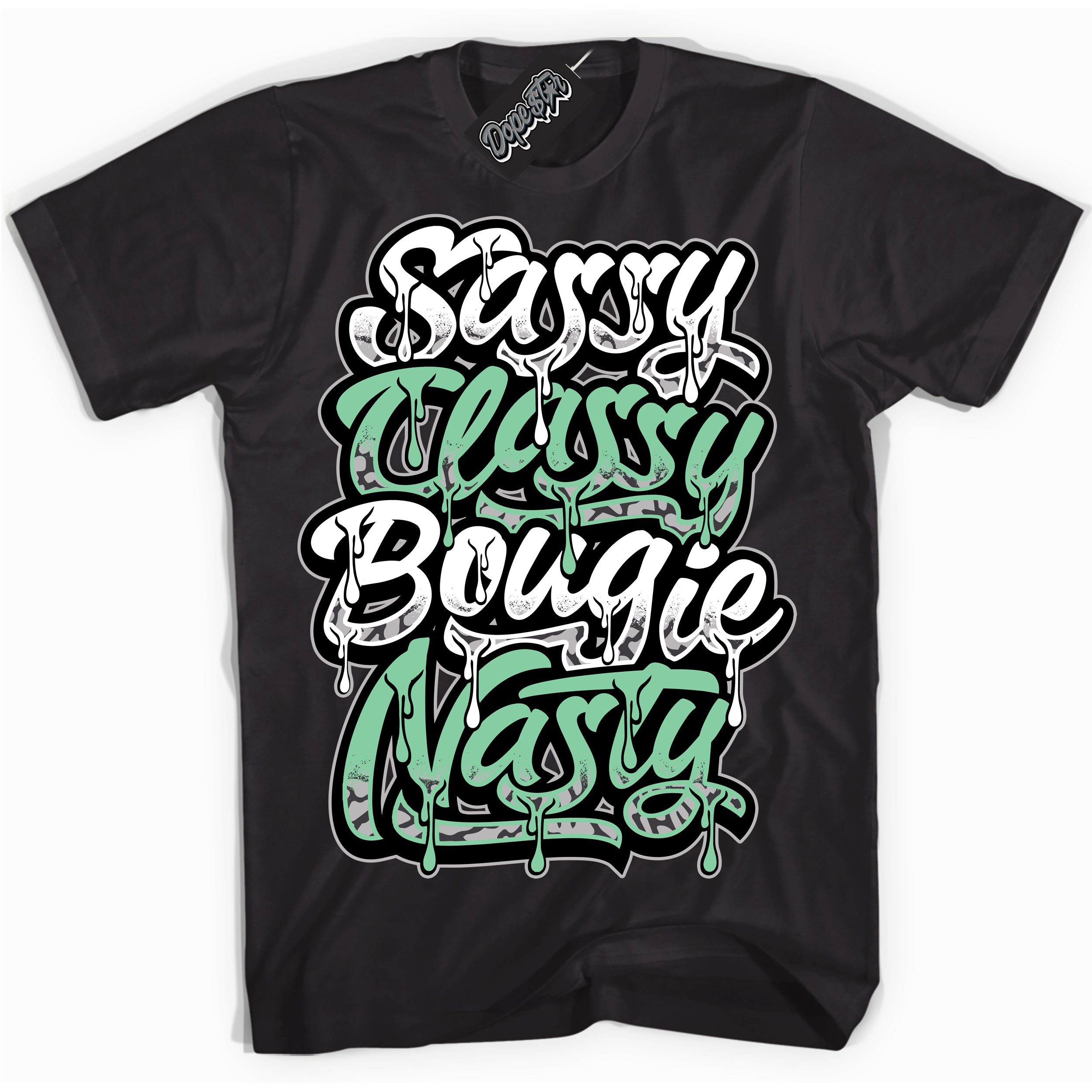 Cool Black graphic tee with “ Sassy Classy ” design, that perfectly matches Green Glow 3s sneakers 