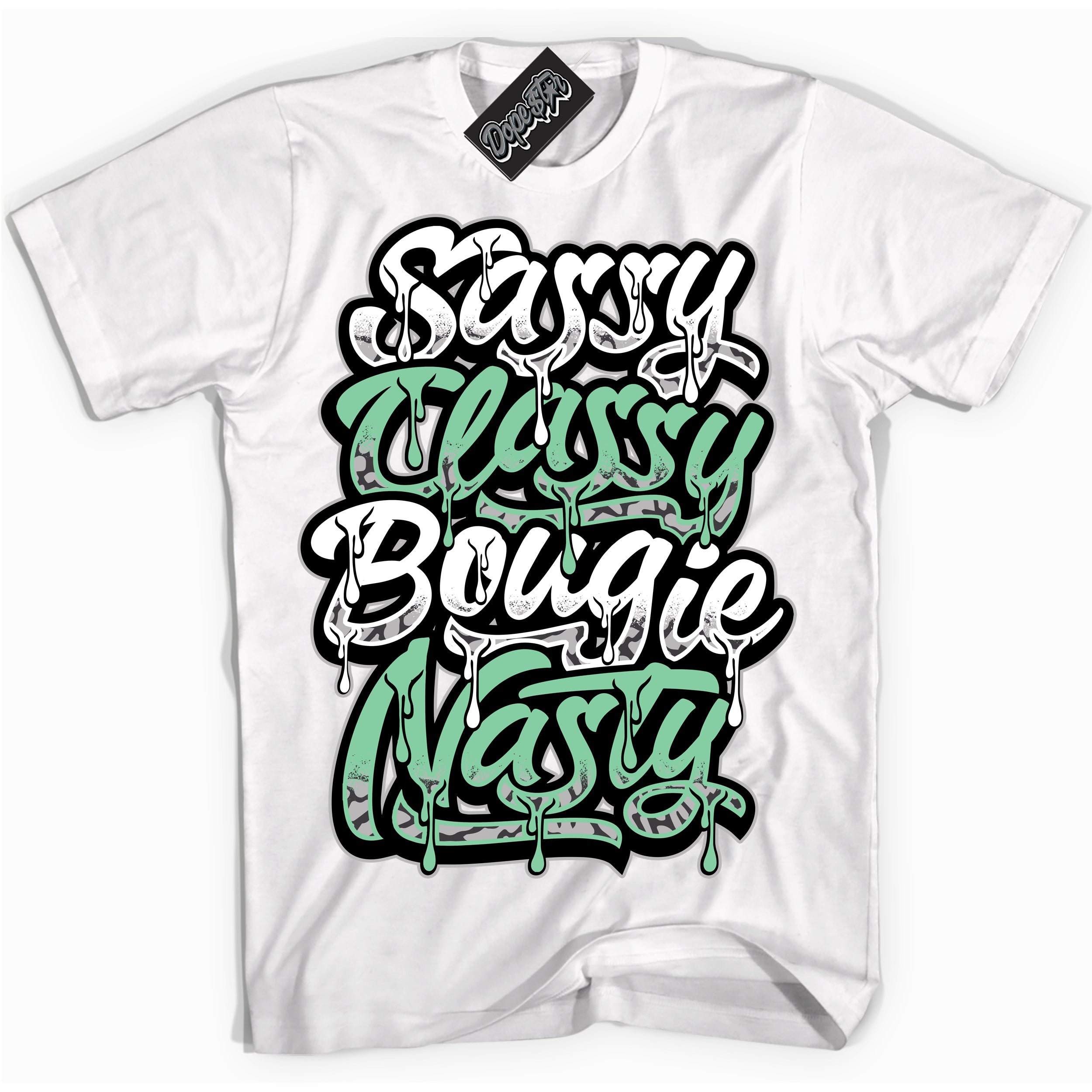 Cool White graphic tee with “ Sassy Classy ” design, that perfectly matches Green Glow 3s sneakers 