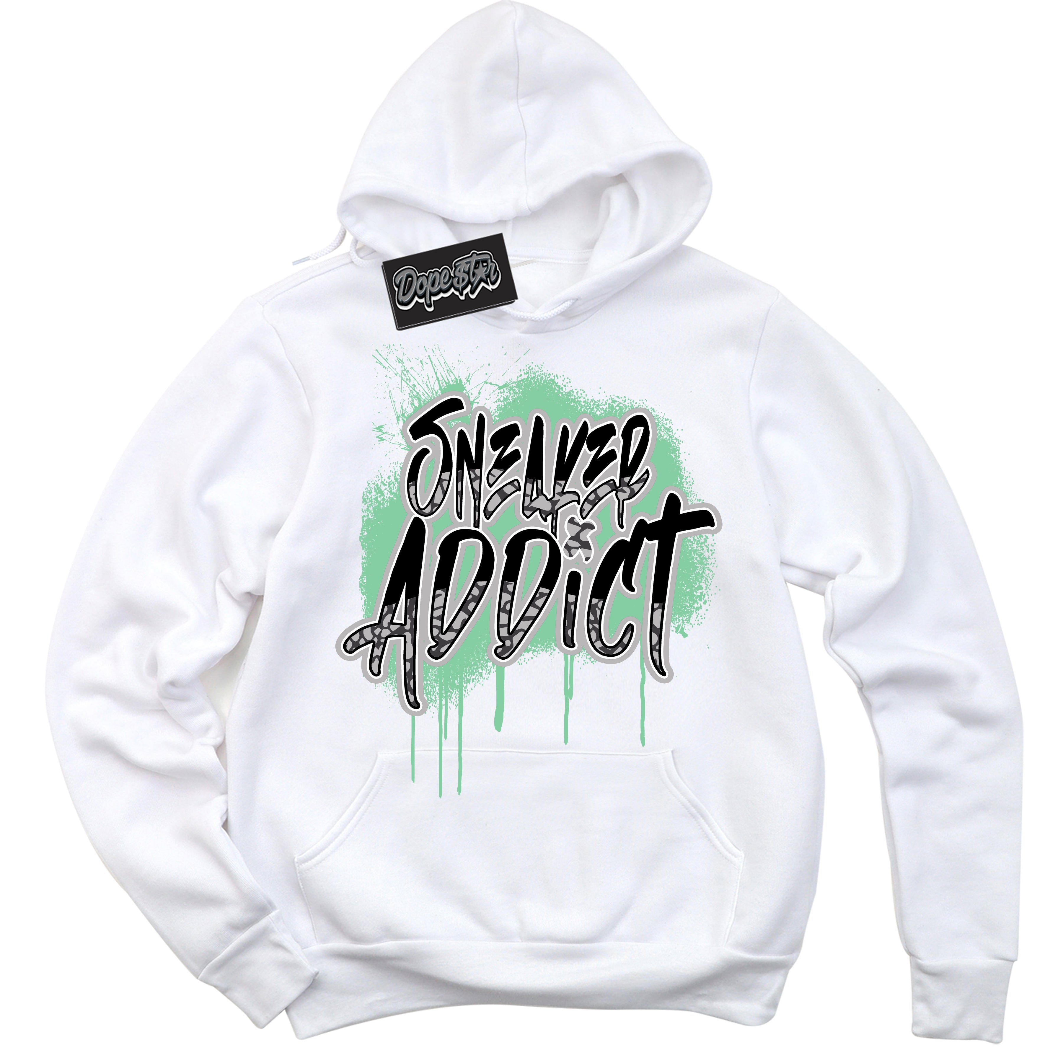 Cool White Graphic DopeStar Hoodie with “ Sneaker Addict “ print, that perfectly matches Green Glow 3s sneakers