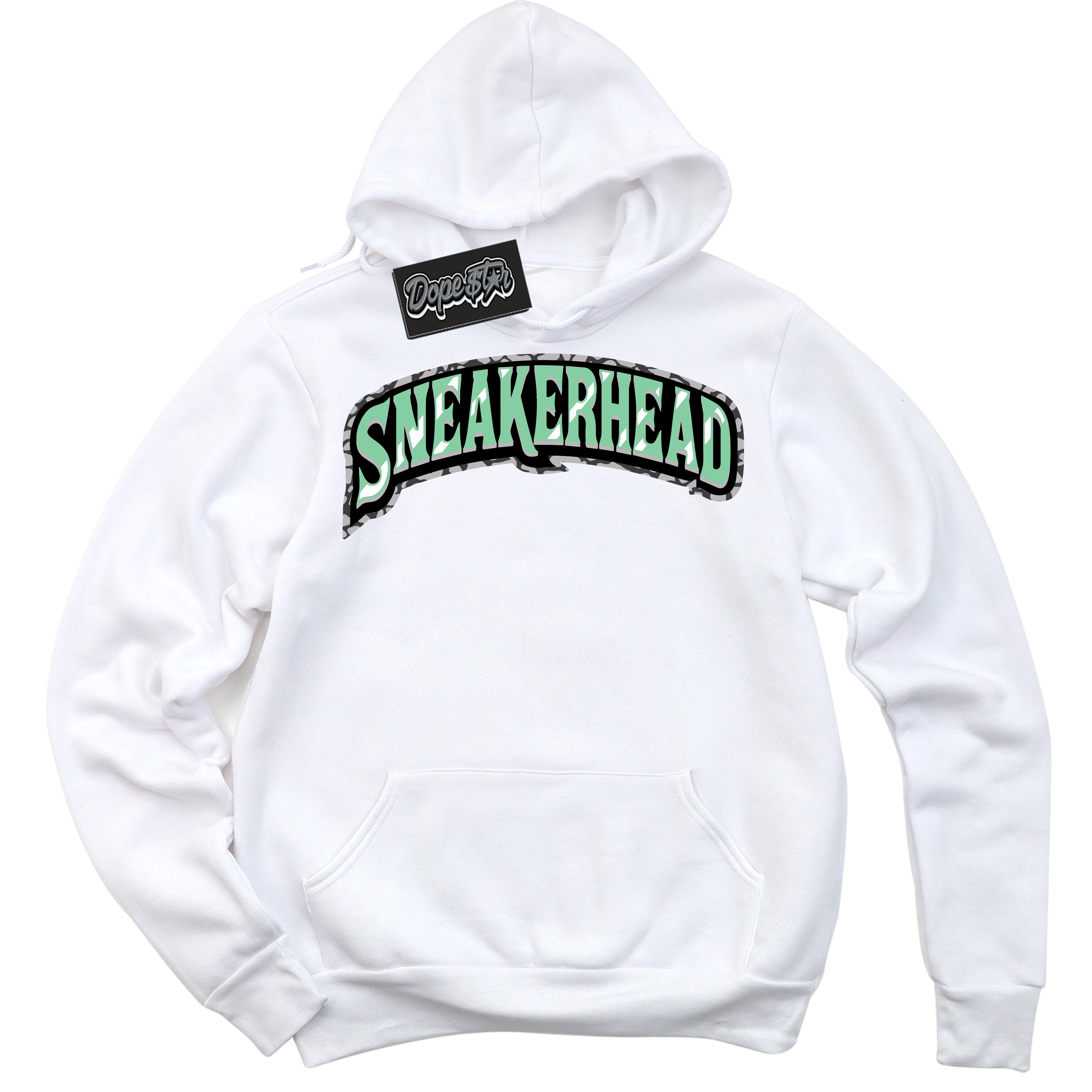 Cool White Graphic DopeStar Hoodie with “ Sneakerhead “ print, that perfectly matches Green Glow 3s sneakers