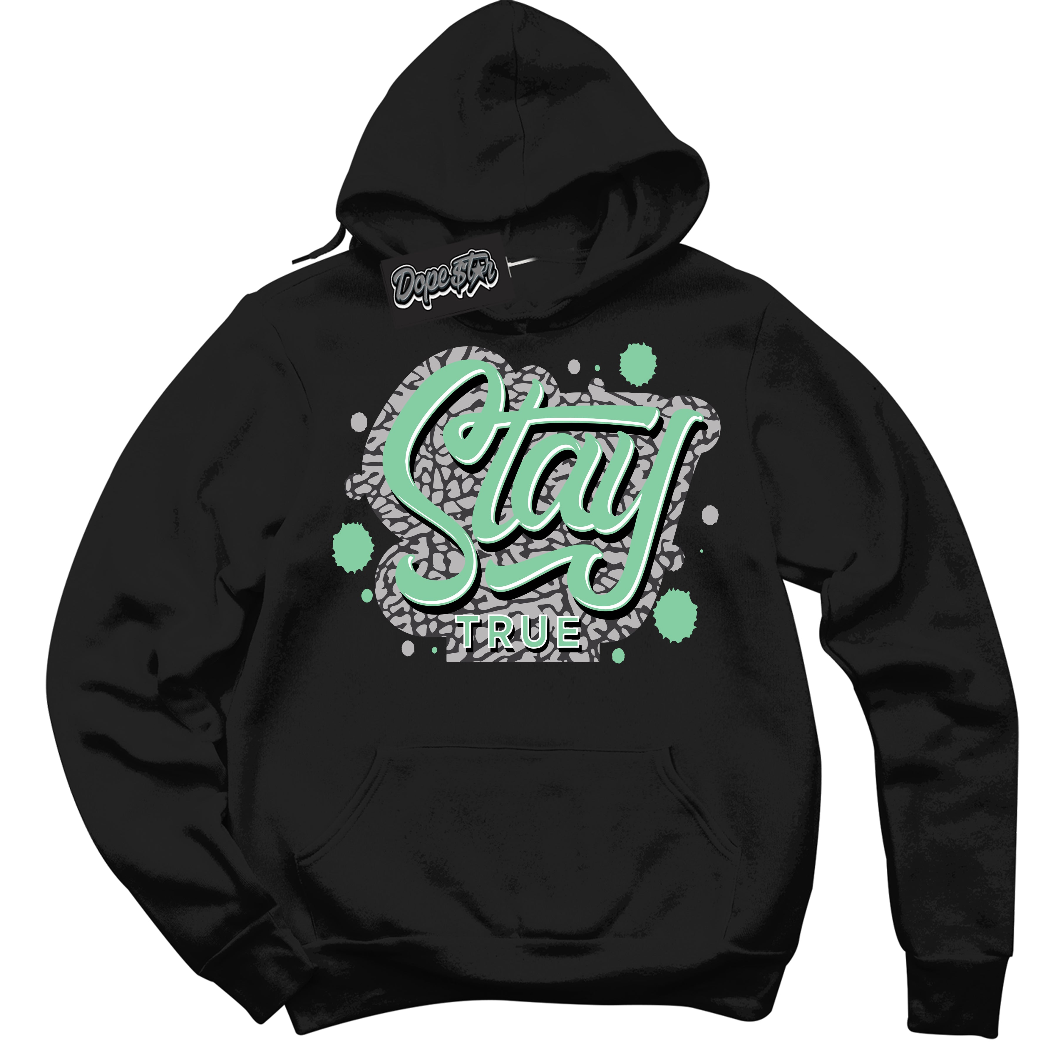 Cool Black Graphic DopeStar Hoodie with “ Stay True “ print, that perfectly matches Green Glow 3S sneakers