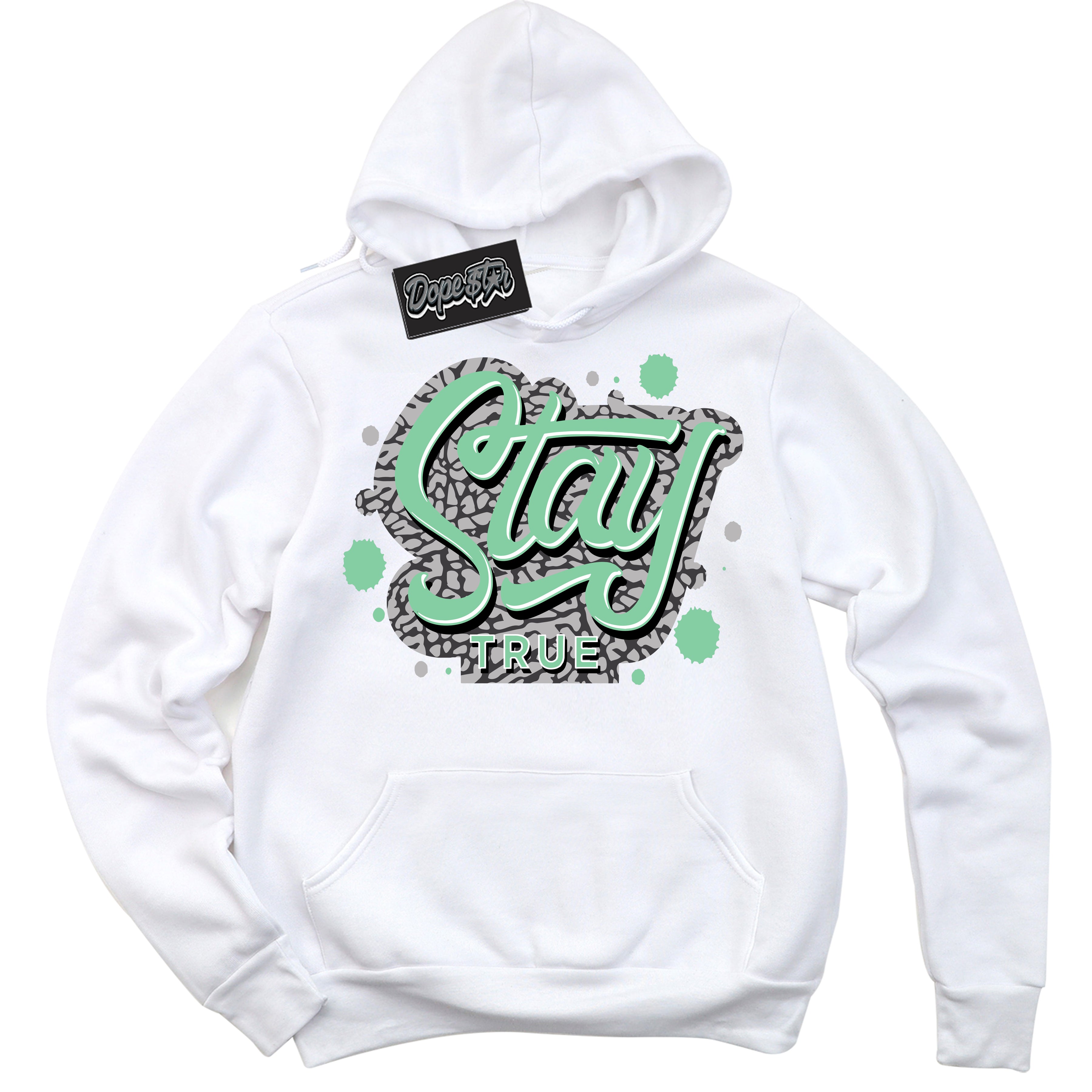Cool White Graphic DopeStar Hoodie with “ Stay True “ print, that perfectly matches Green Glow 3s sneakers