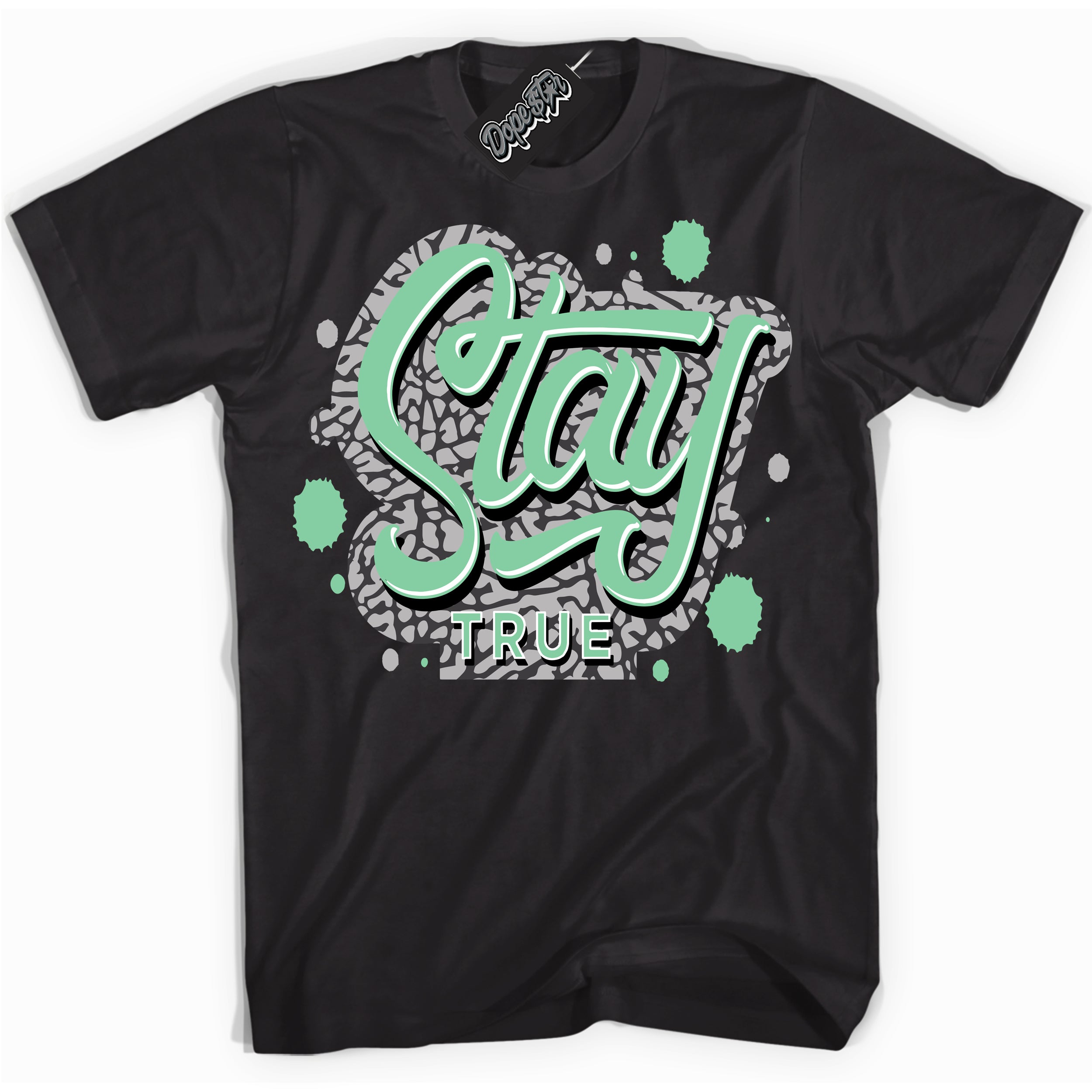 Cool Black graphic tee with “ Stay True ” design, that perfectly matches Green Glow 3s sneakers 
