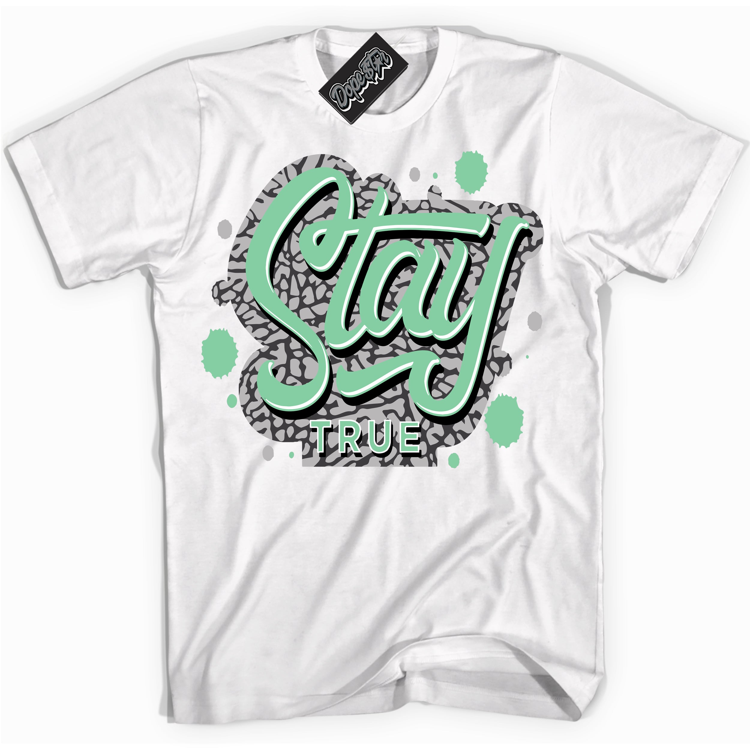 Cool White graphic tee with “ Stay True ” design, that perfectly matches Green Glow 3s sneakers 