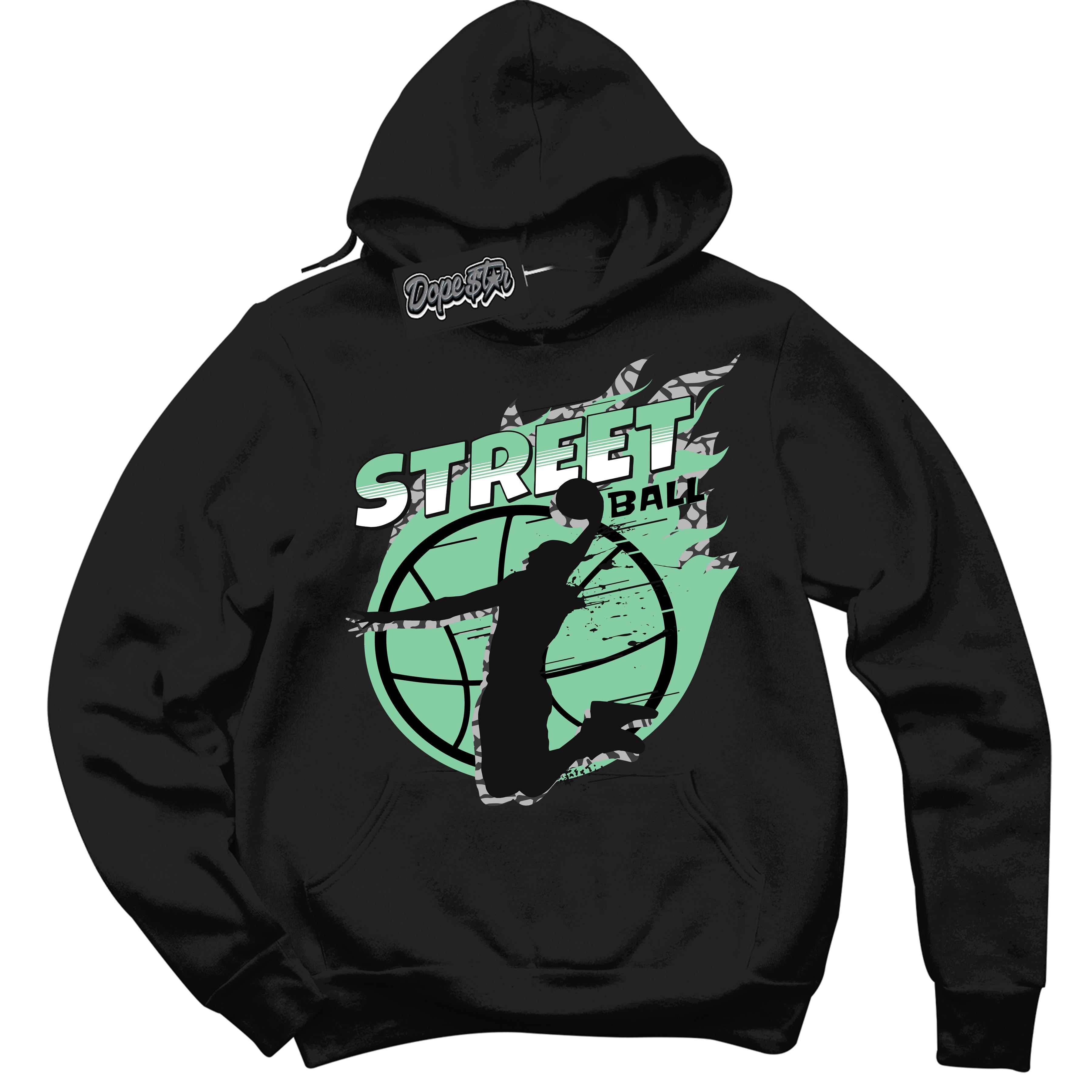 Cool Black Graphic DopeStar Hoodie with “ Street Ball “ print, that perfectly matches Green Glow 3S sneakers